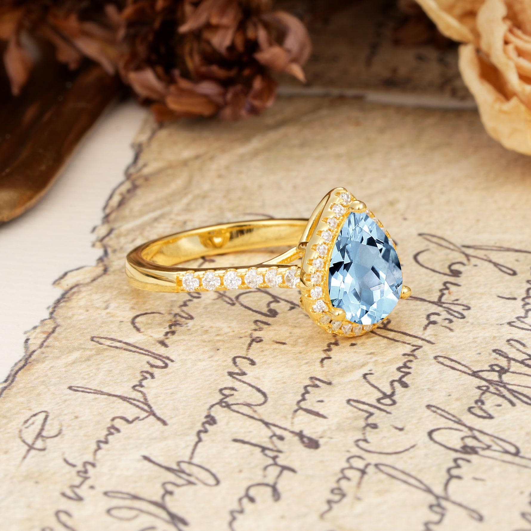 Vintage-Luxury 3-Prong Pear-Cut with Pavé Accents Aquamarine Engagement Ring - Additional view