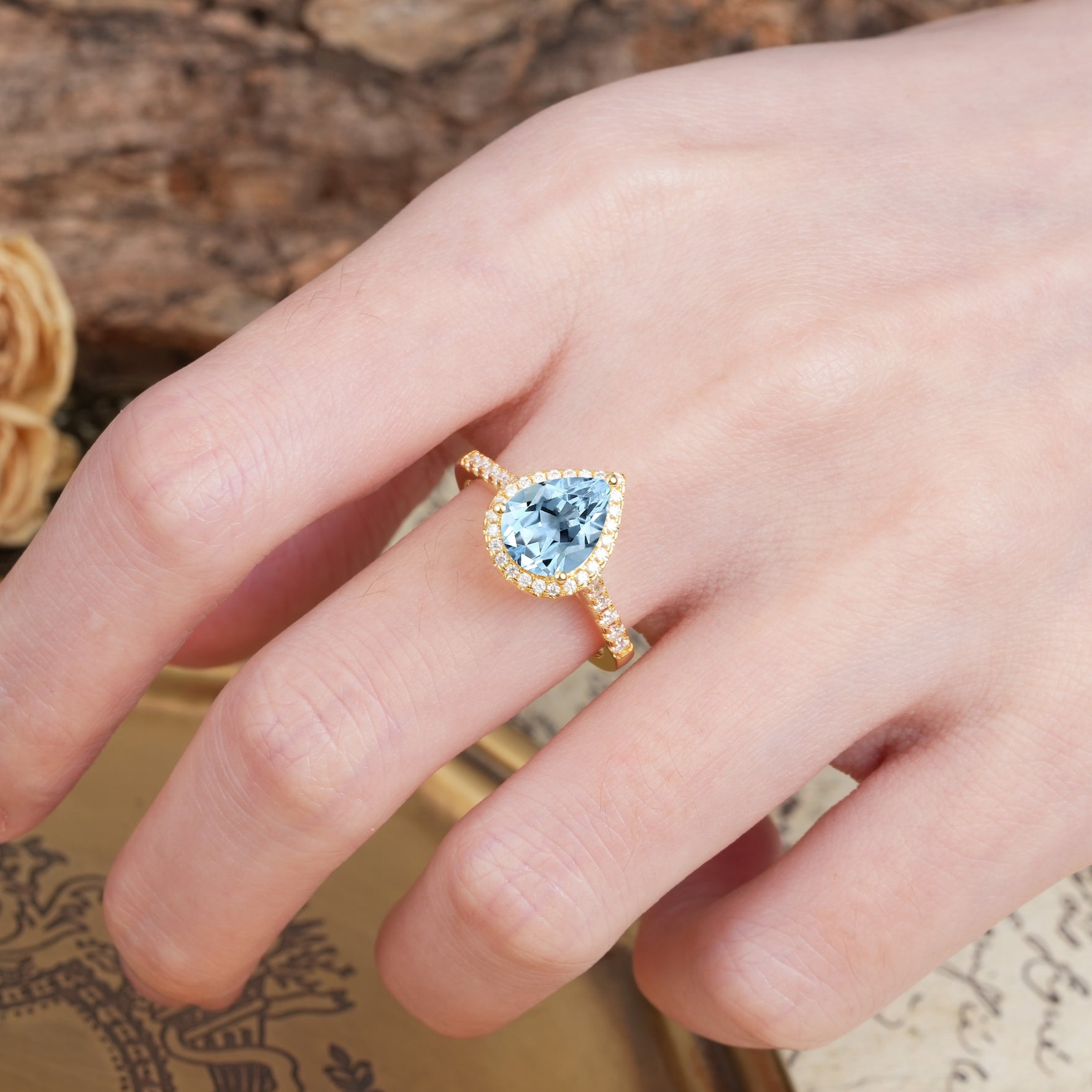 Vintage-Luxury 3-Prong Pear-Cut with Pavé Accents Aquamarine Engagement Ring - Additional view