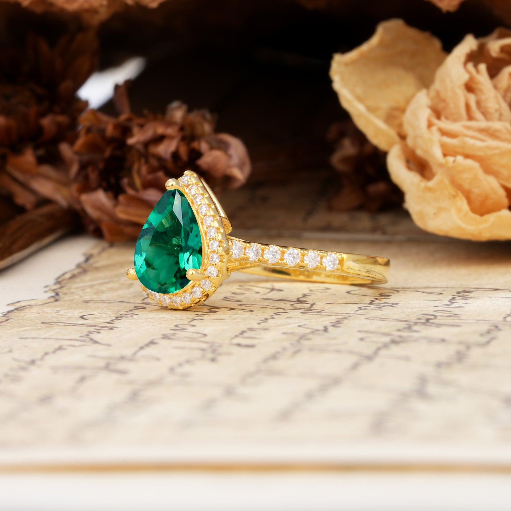 Vintage-Luxury 3-Prong Pear-Cut with Pavé Accents Emerald Engagement Ring - Additional view