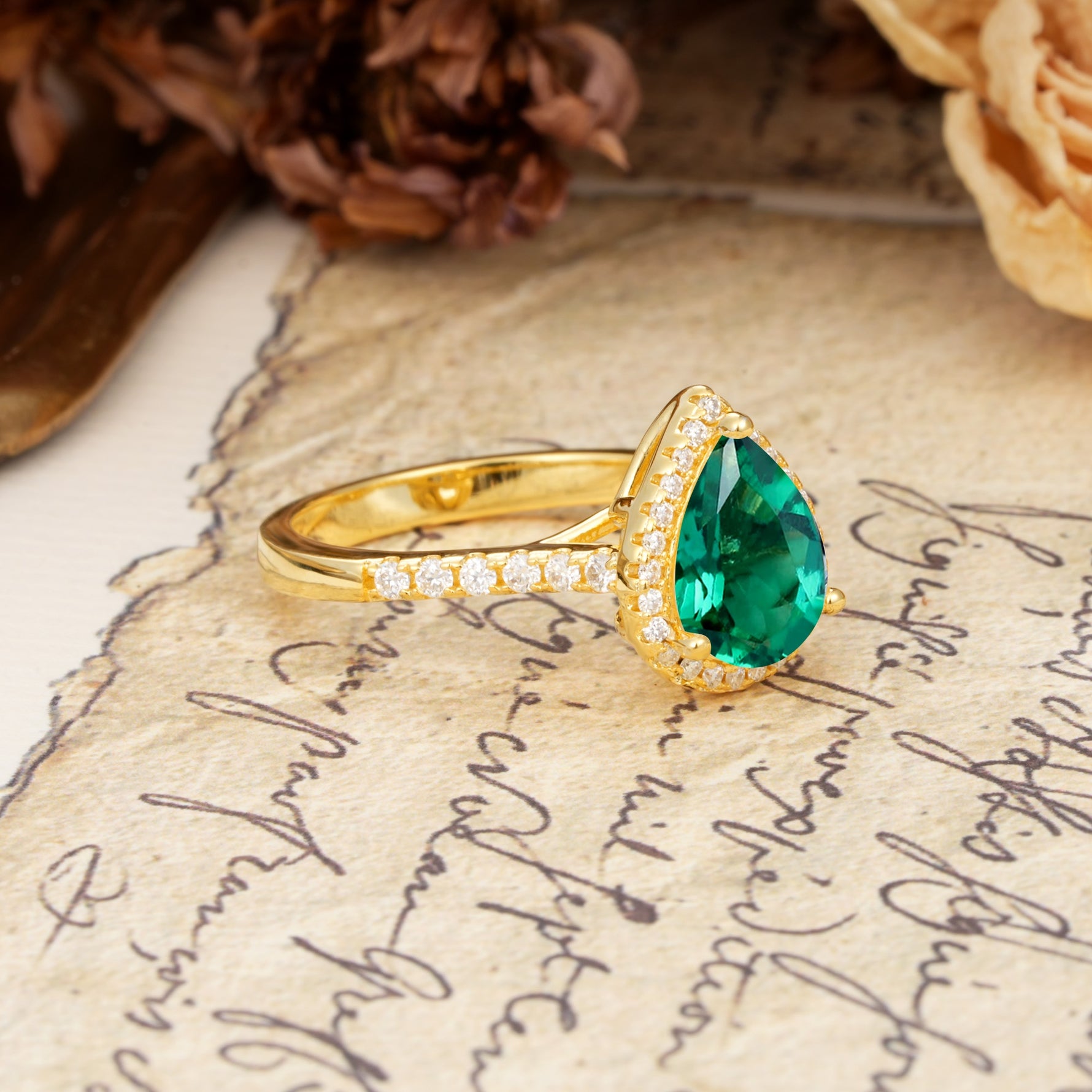 Vintage-Luxury 3-Prong Pear-Cut with Pavé Accents Emerald Engagement Ring - Additional view