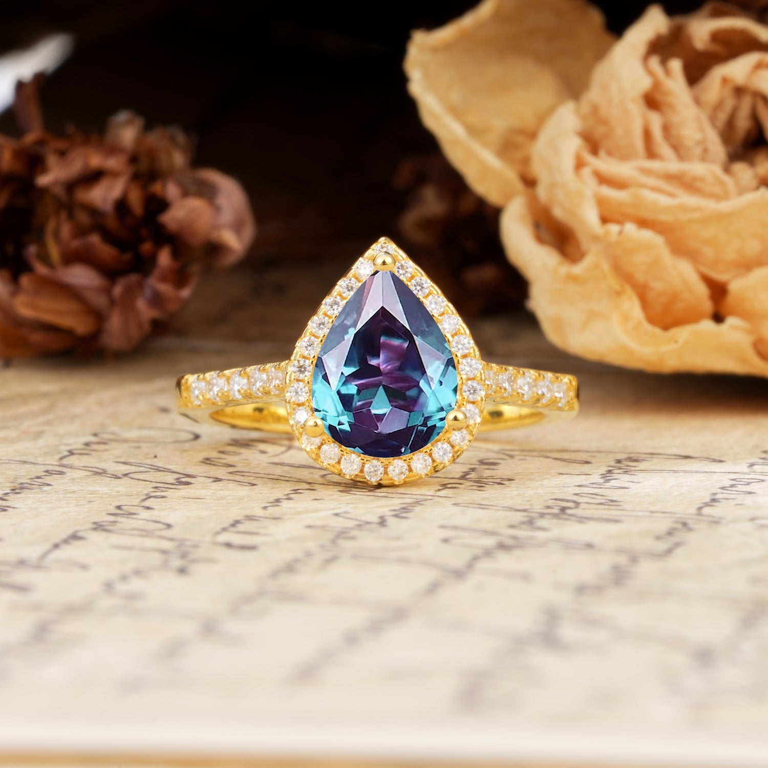 Vintage-Luxury 3-Prong Pear-Cut with Pavé Accents Alexandrite Engagement Ring - Additional view