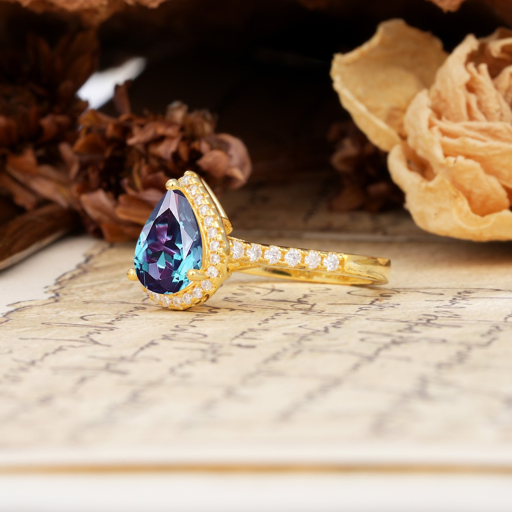 Vintage-Luxury 3-Prong Pear-Cut with Pavé Accents Alexandrite Engagement Ring - Additional view