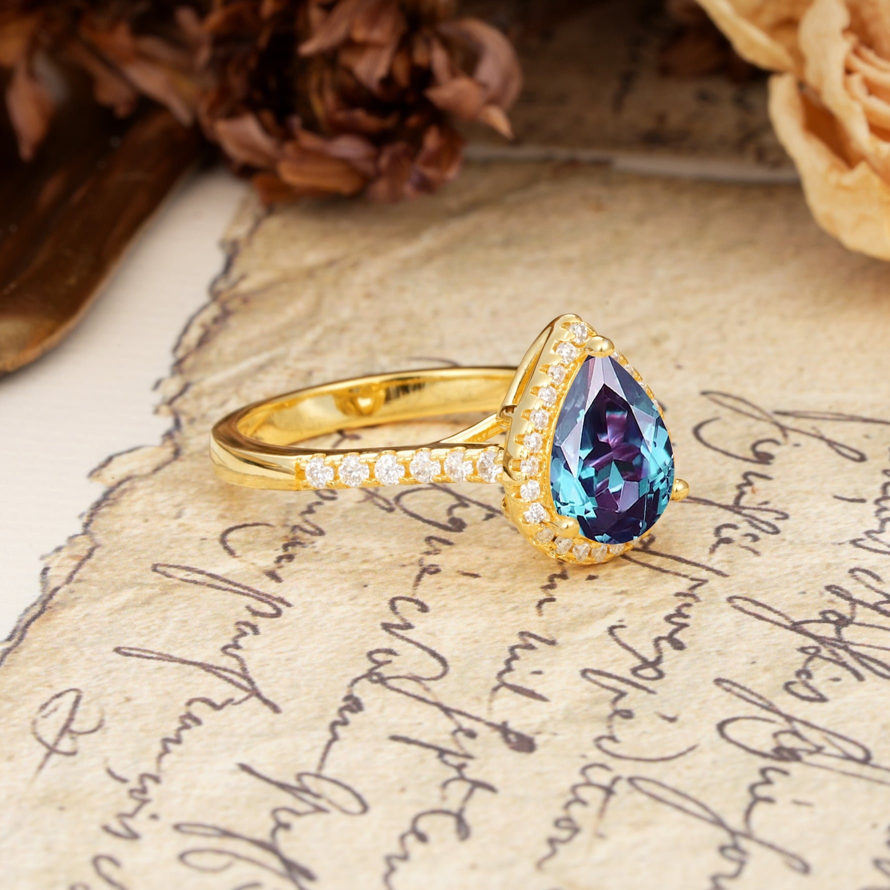 Vintage-Luxury 3-Prong Pear-Cut with Pavé Accents Alexandrite Engagement Ring - Additional view