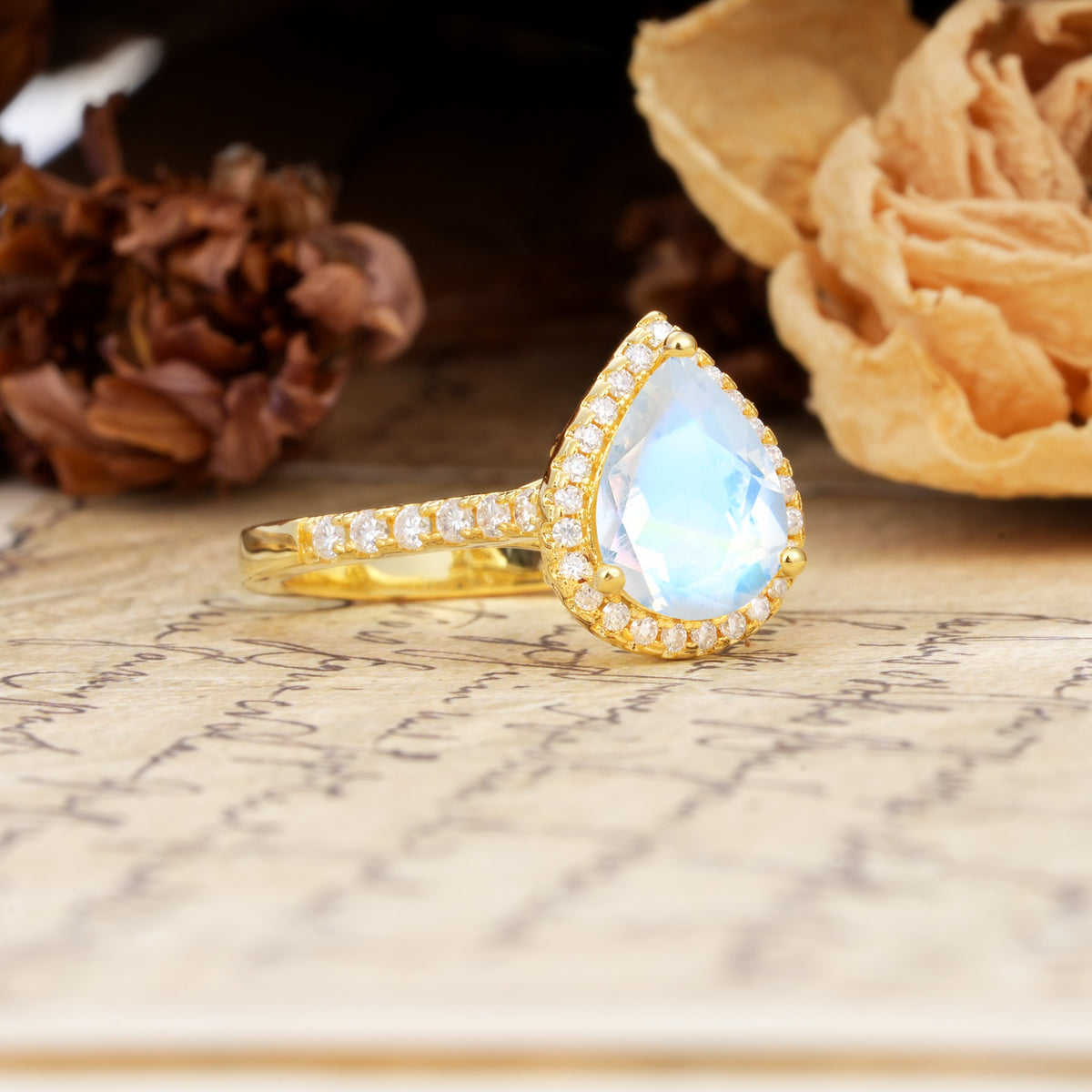 Vintage-Luxury 3-Prong Pear-Cut with Pavé Accents Moonstone Engagement Ring - Additional view