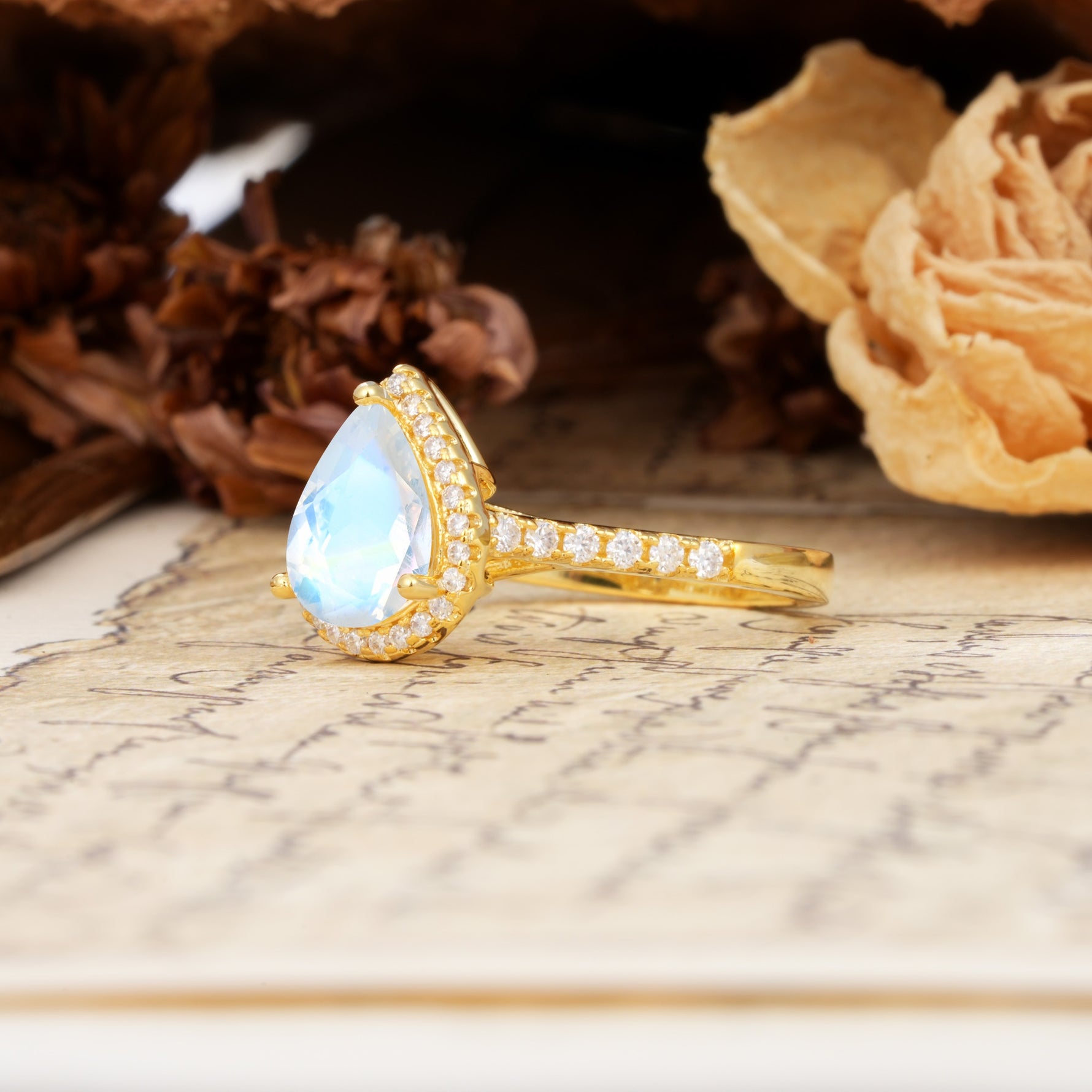 Vintage-Luxury 3-Prong Pear-Cut with Pavé Accents Moonstone Engagement Ring - Additional view