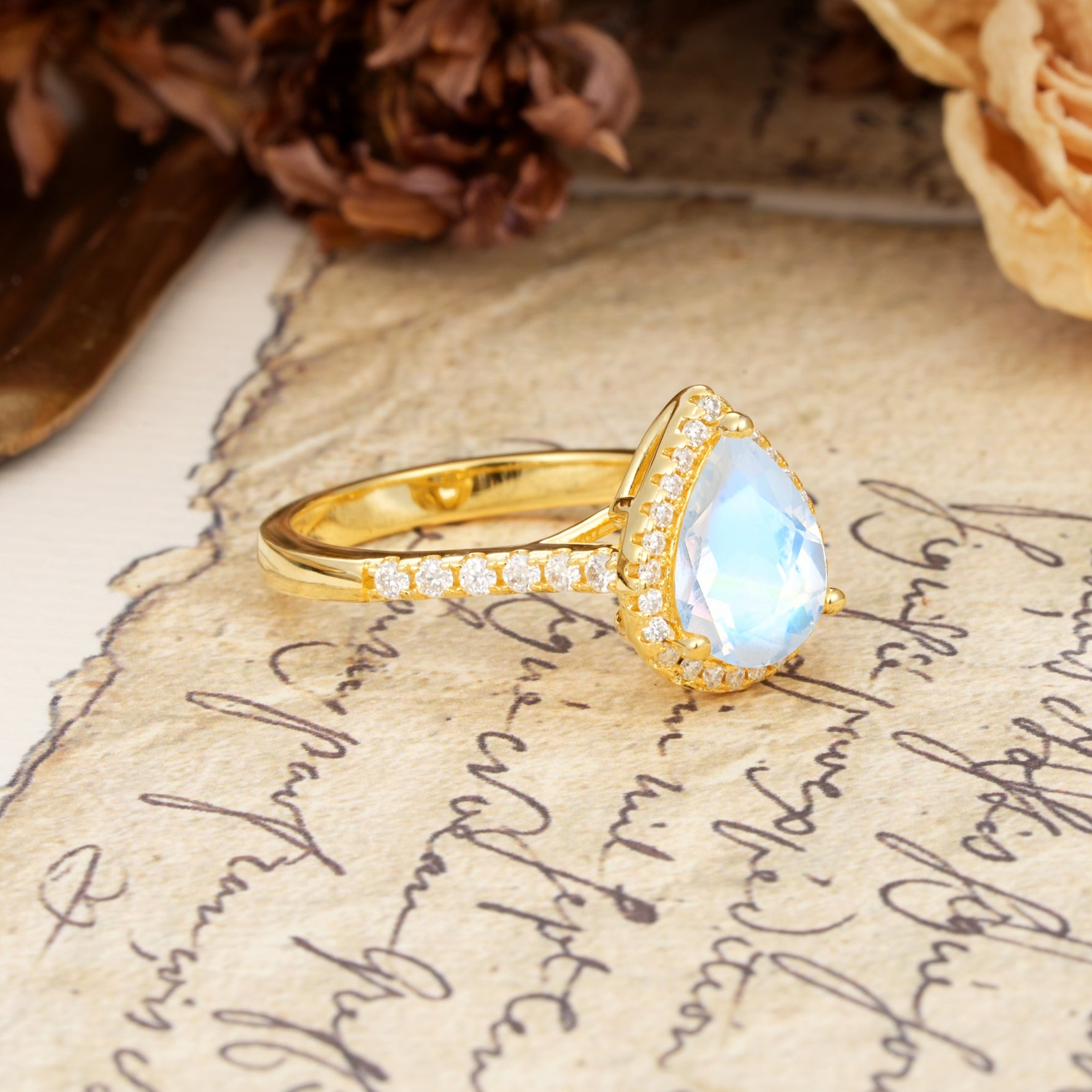 Vintage-Luxury 3-Prong Pear-Cut with Pavé Accents Moonstone Engagement Ring - Additional view