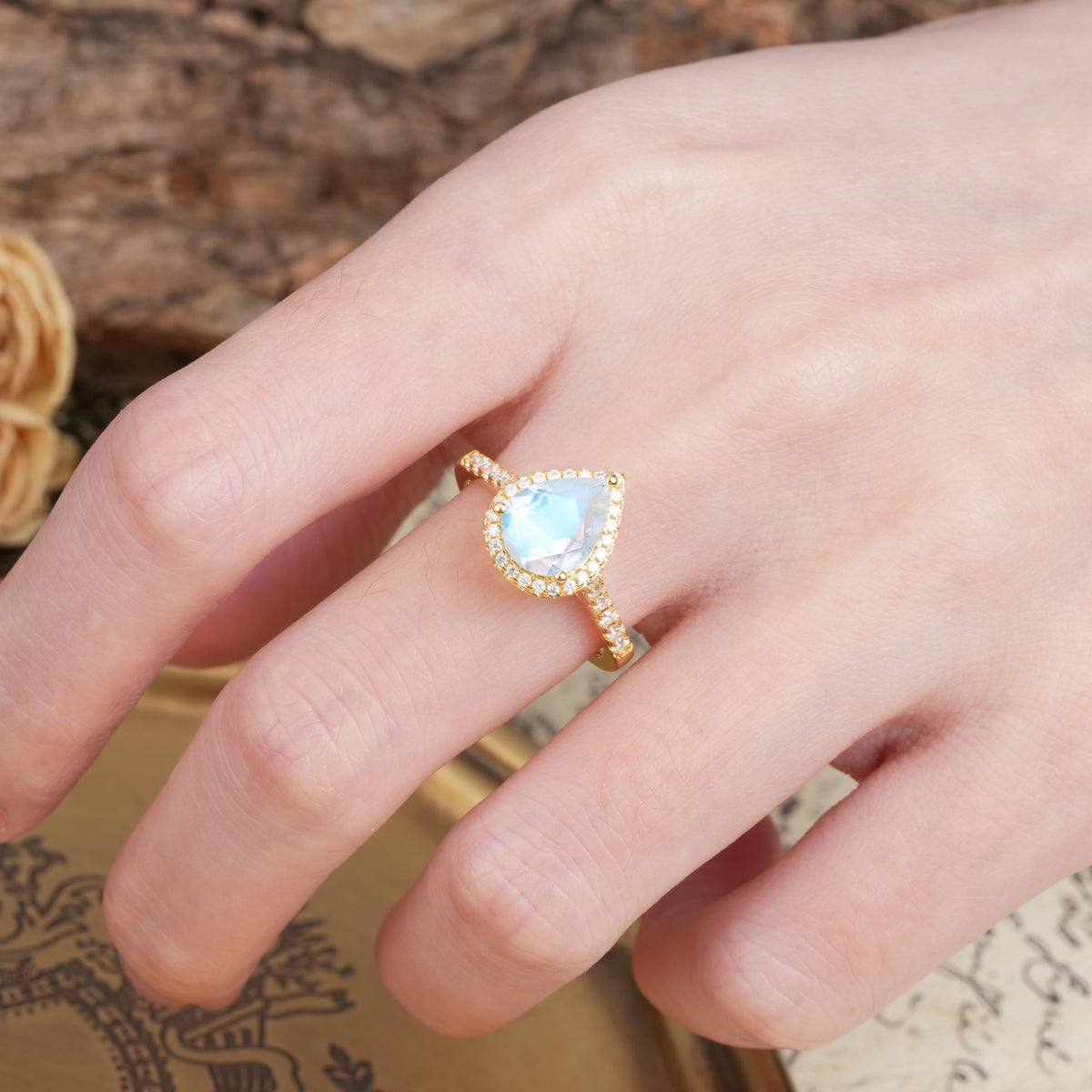 Vintage-Luxury 3-Prong Pear-Cut with Pavé Accents Moonstone Engagement Ring - Additional view
