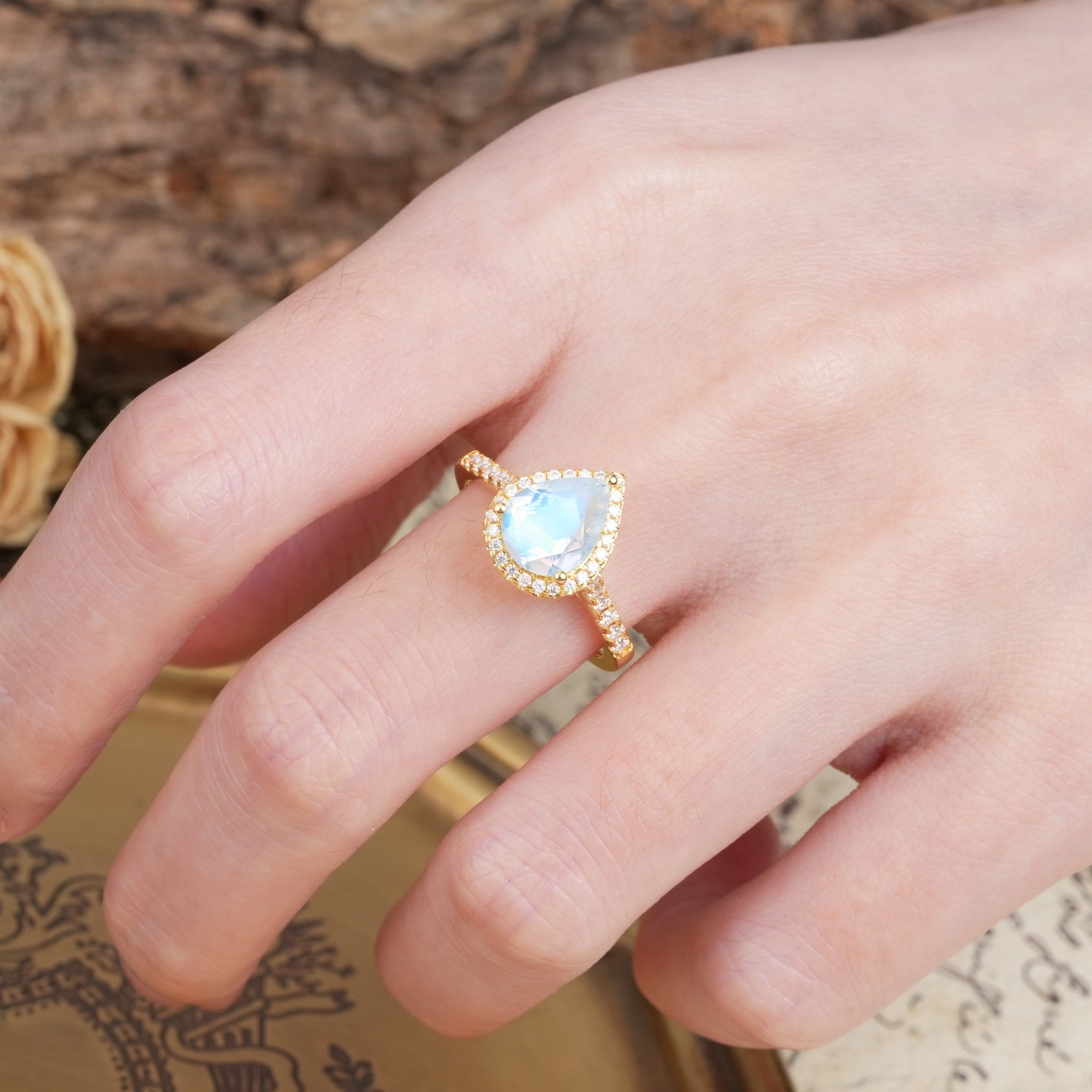 Vintage-Luxury 3-Prong Pear-Cut with Pavé Accents Moonstone Engagement Ring - Additional view