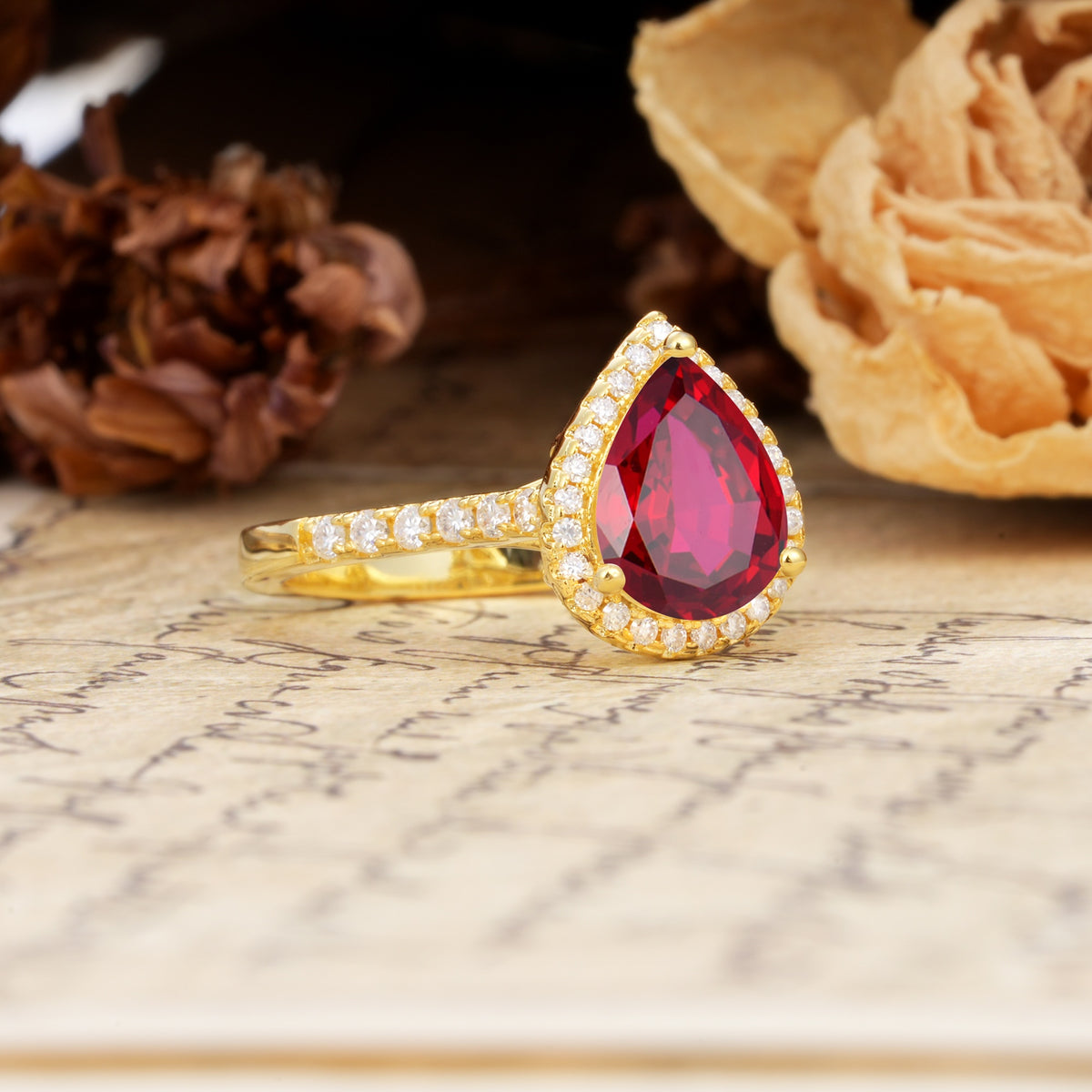 Vintage-Luxury 3-Prong Pear-Cut with Pavé Accents Ruby Engagement Ring - Additional view