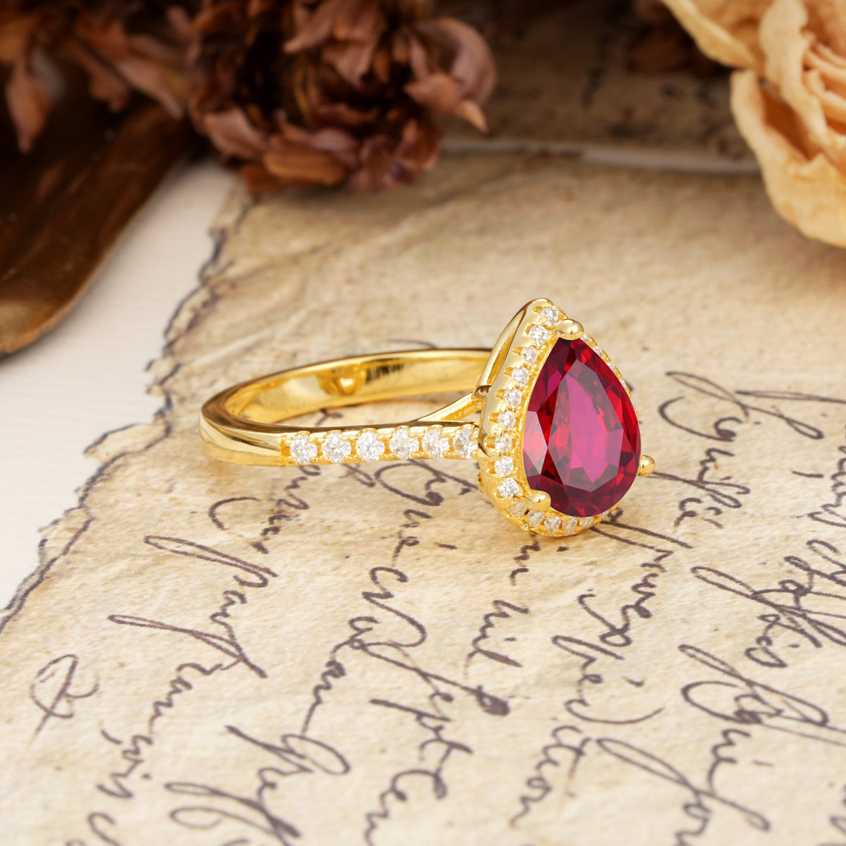 Vintage-Luxury 3-Prong Pear-Cut with Pavé Accents Ruby Engagement Ring - Additional view