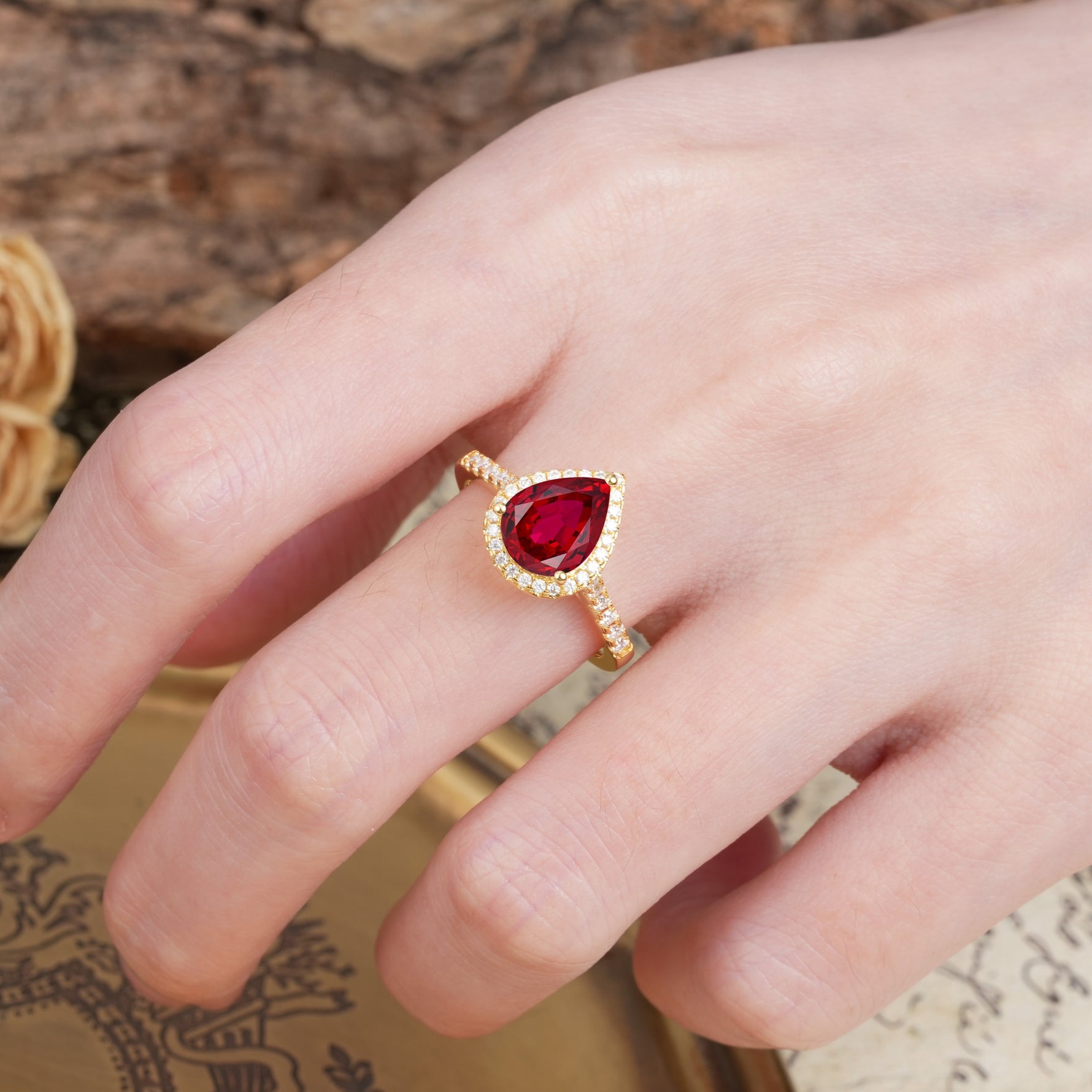 Vintage-Luxury 3-Prong Pear-Cut with Pavé Accents Ruby Engagement Ring - Additional view