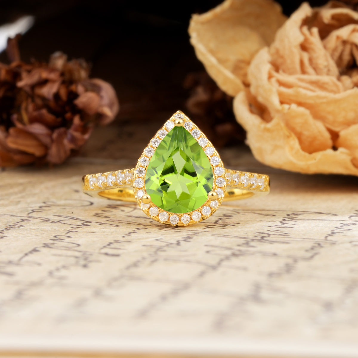 Vintage-Luxury 3-Prong Pear-Cut with Pavé Accents Peridot Engagement Ring - Additional view