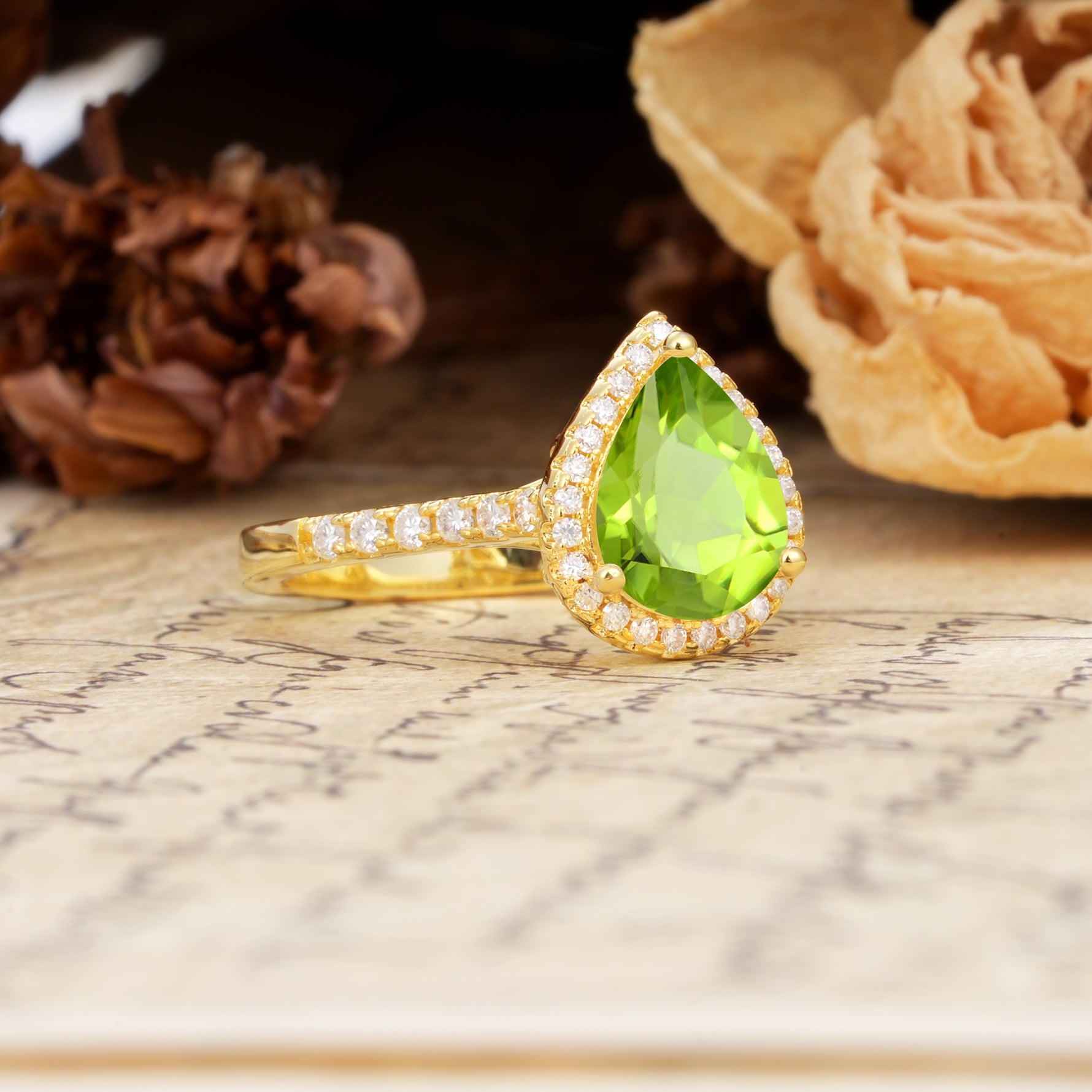 Vintage-Luxury 3-Prong Pear-Cut with Pavé Accents Peridot Engagement Ring - Additional view