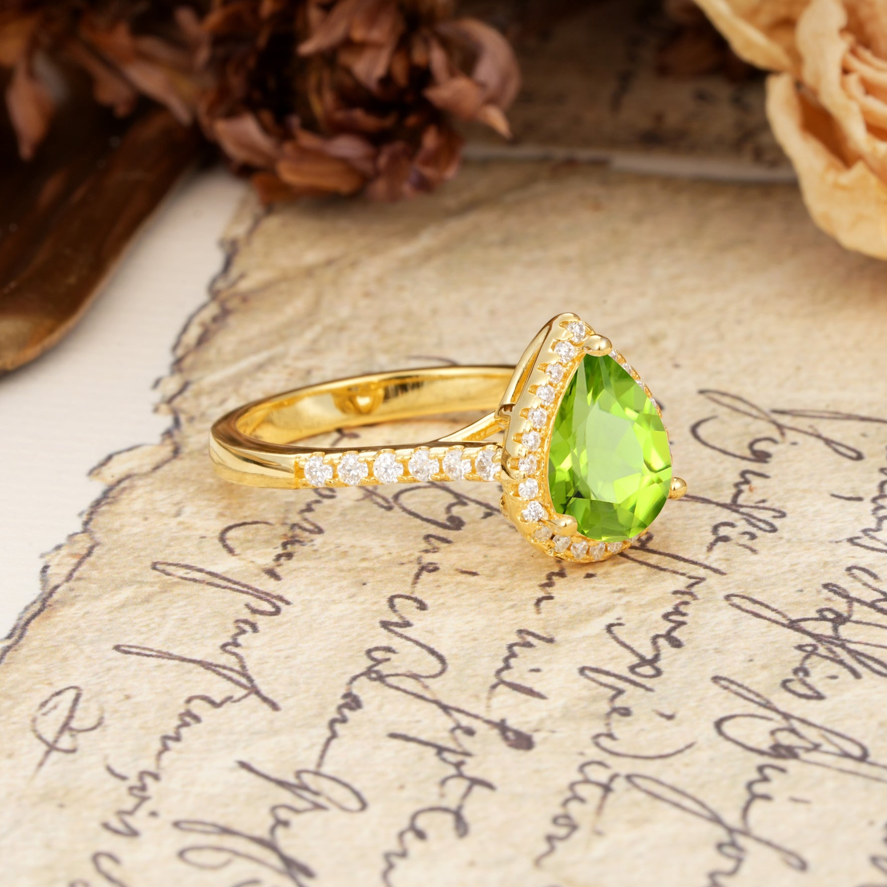 Vintage-Luxury 3-Prong Pear-Cut with Pavé Accents Peridot Engagement Ring - Additional view