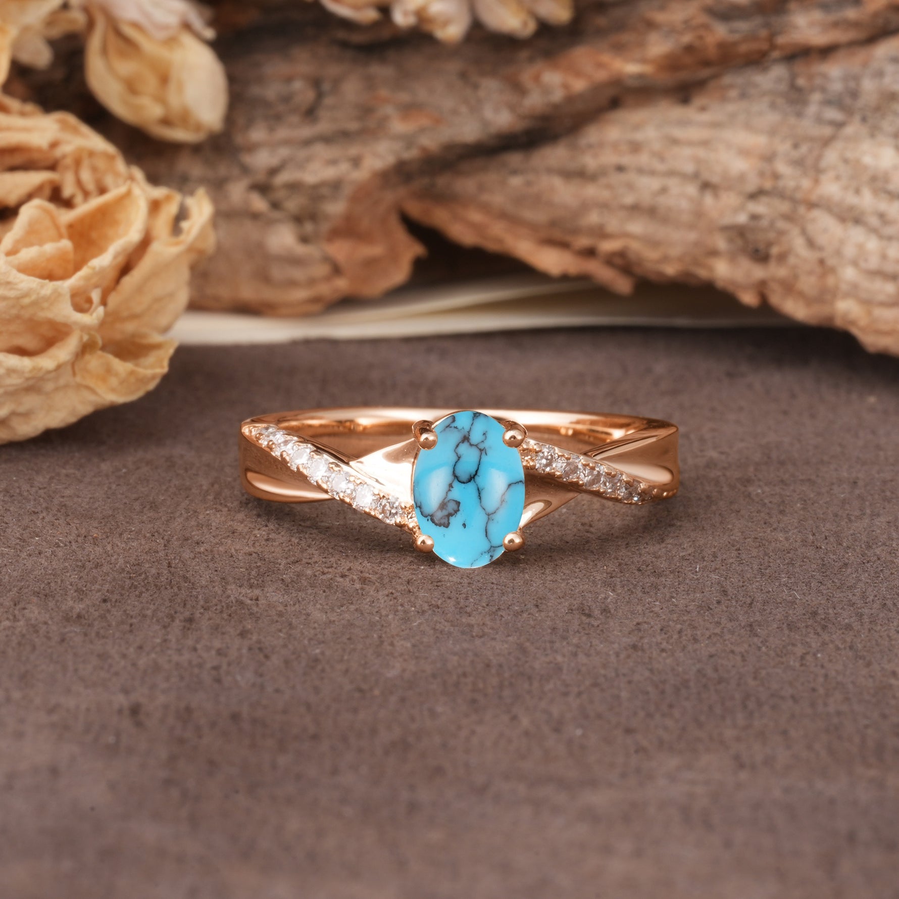 Unique, Luxurious Twisted 4-Prong Oval Cut Turquoise Engagement Ring - Additional view