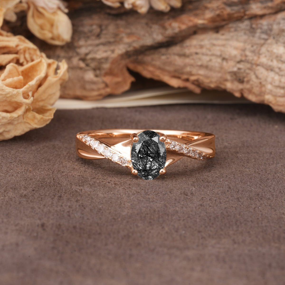Unique, Luxurious Twisted 4-Prong Oval Cut Black Rutilated Quartz Engagement Ring - Additional view