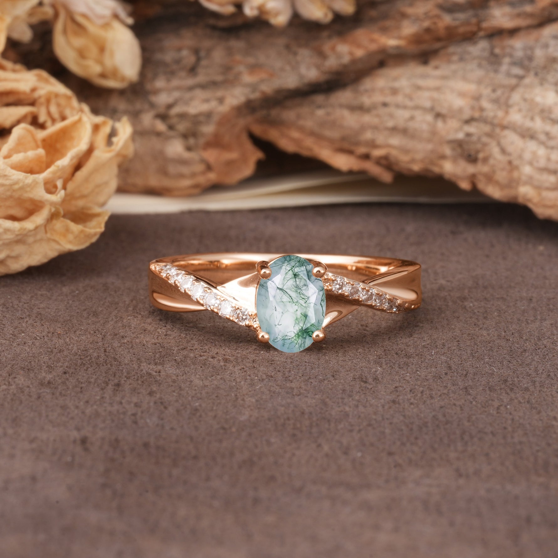 Unique, Luxurious Twisted 4-Prong Oval Cut Moss Agate Engagement Ring - Additional view