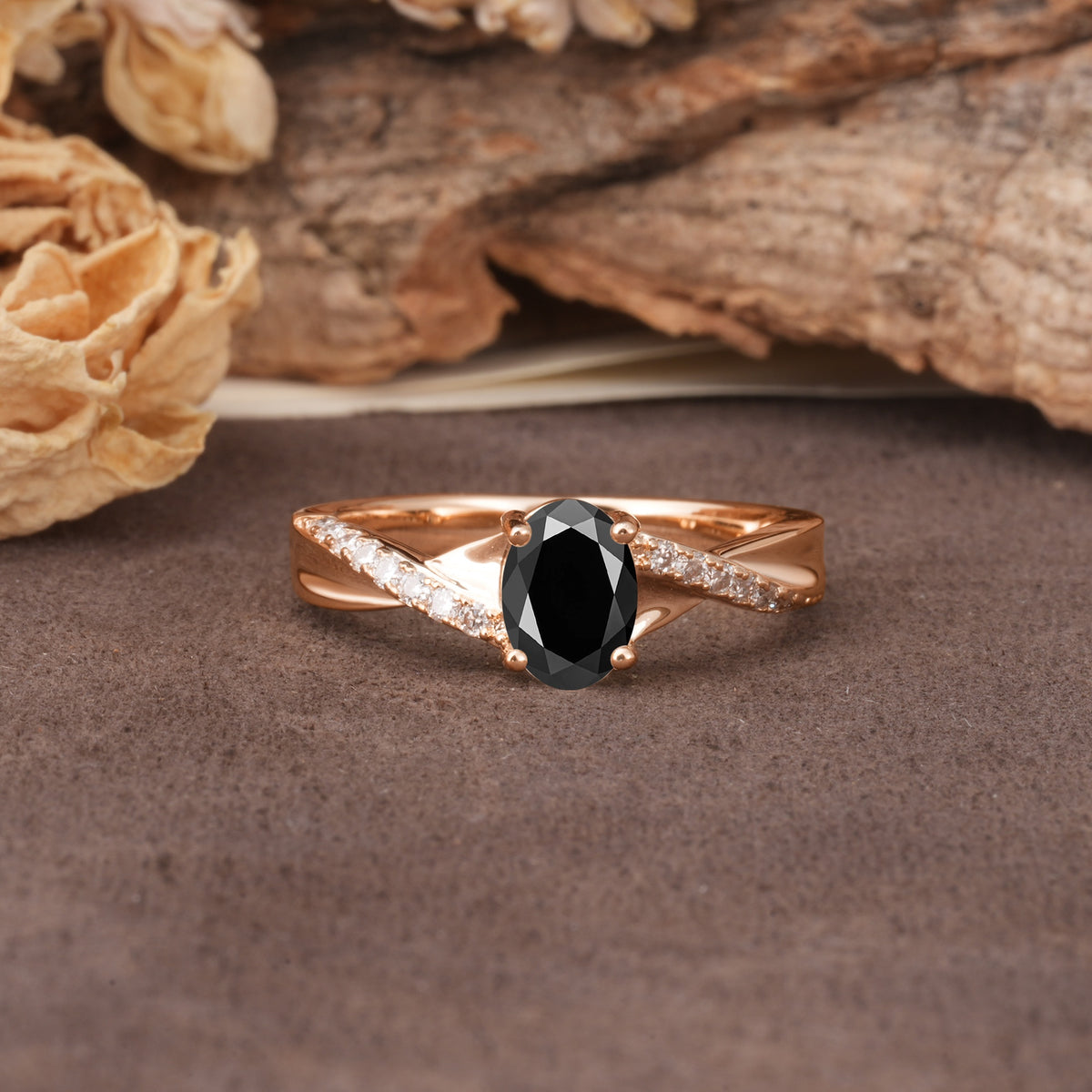 Unique, Luxurious Twisted 4-Prong Oval Cut Black Onyx Engagement Ring - Additional view