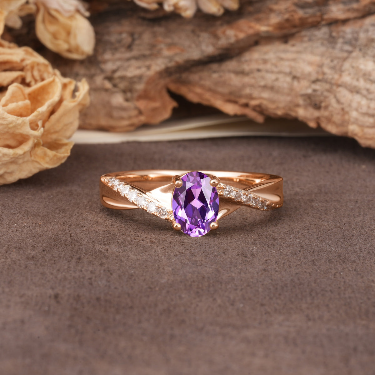 Unique, Luxurious Twisted 4-Prong Oval Cut Amethyst Engagement Ring - Additional view