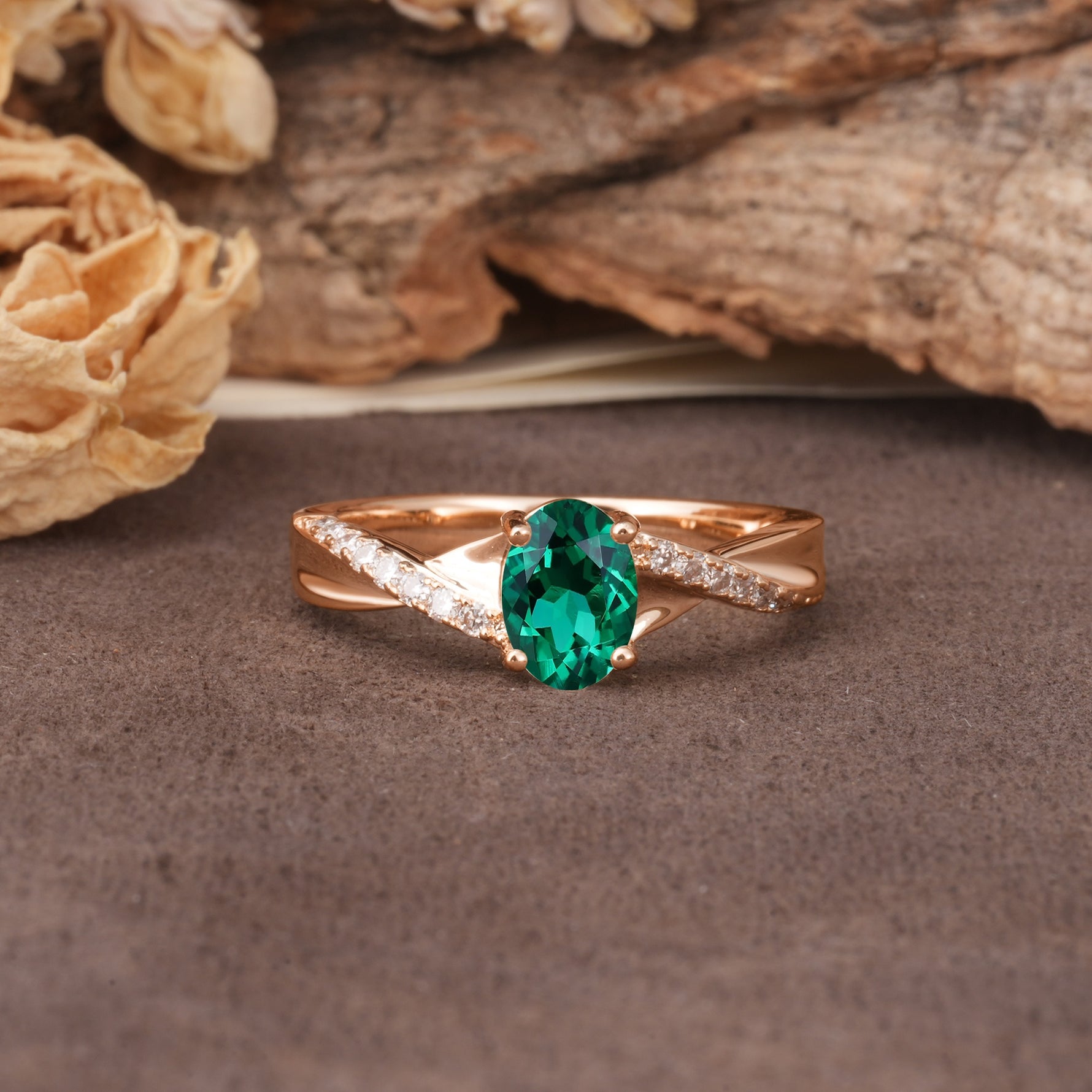 Unique, Luxurious Twisted 4-Prong Oval Cut Emerald Engagement Ring - Additional view