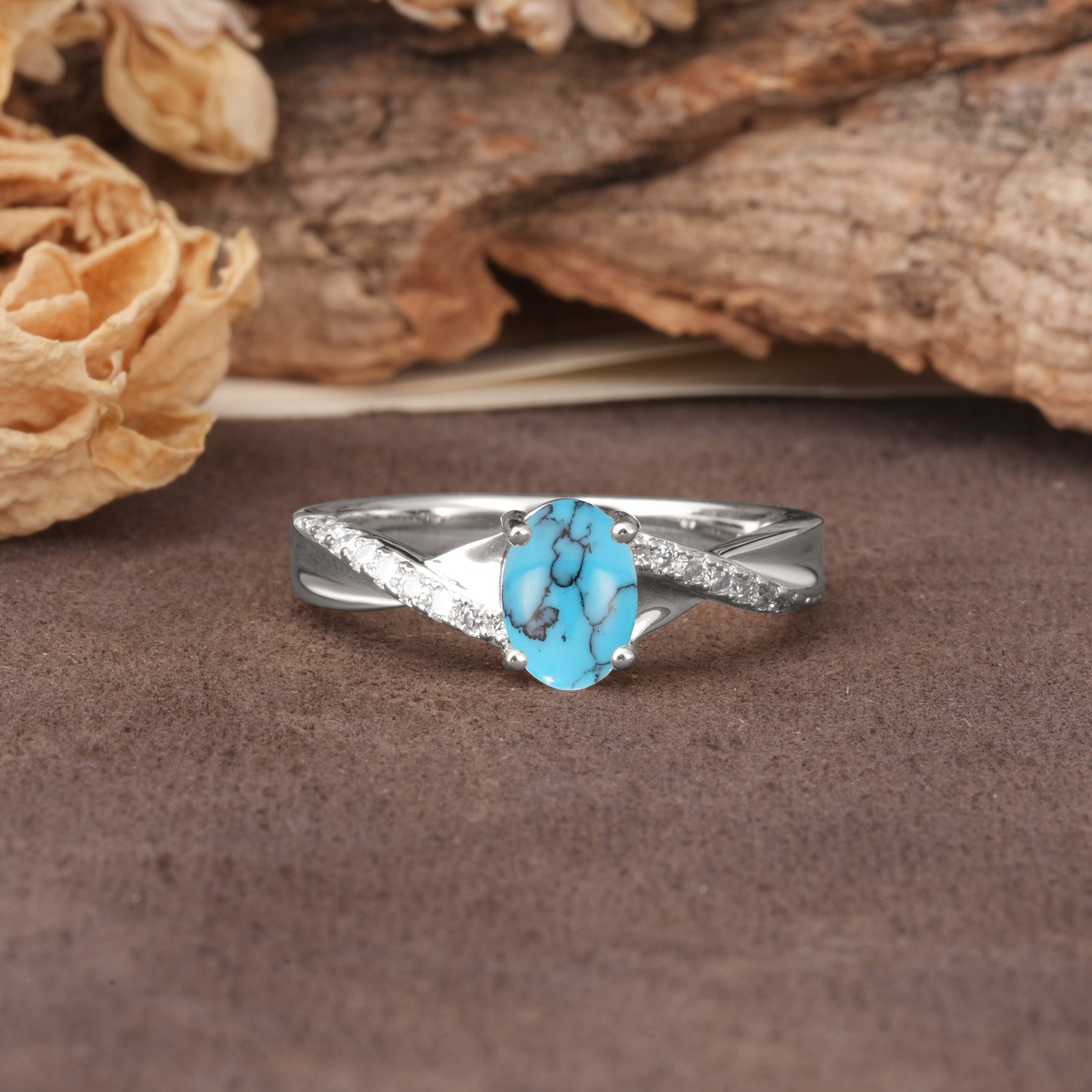 Unique, Luxurious Twisted 4-Prong Oval Cut Turquoise Engagement Ring - Additional view
