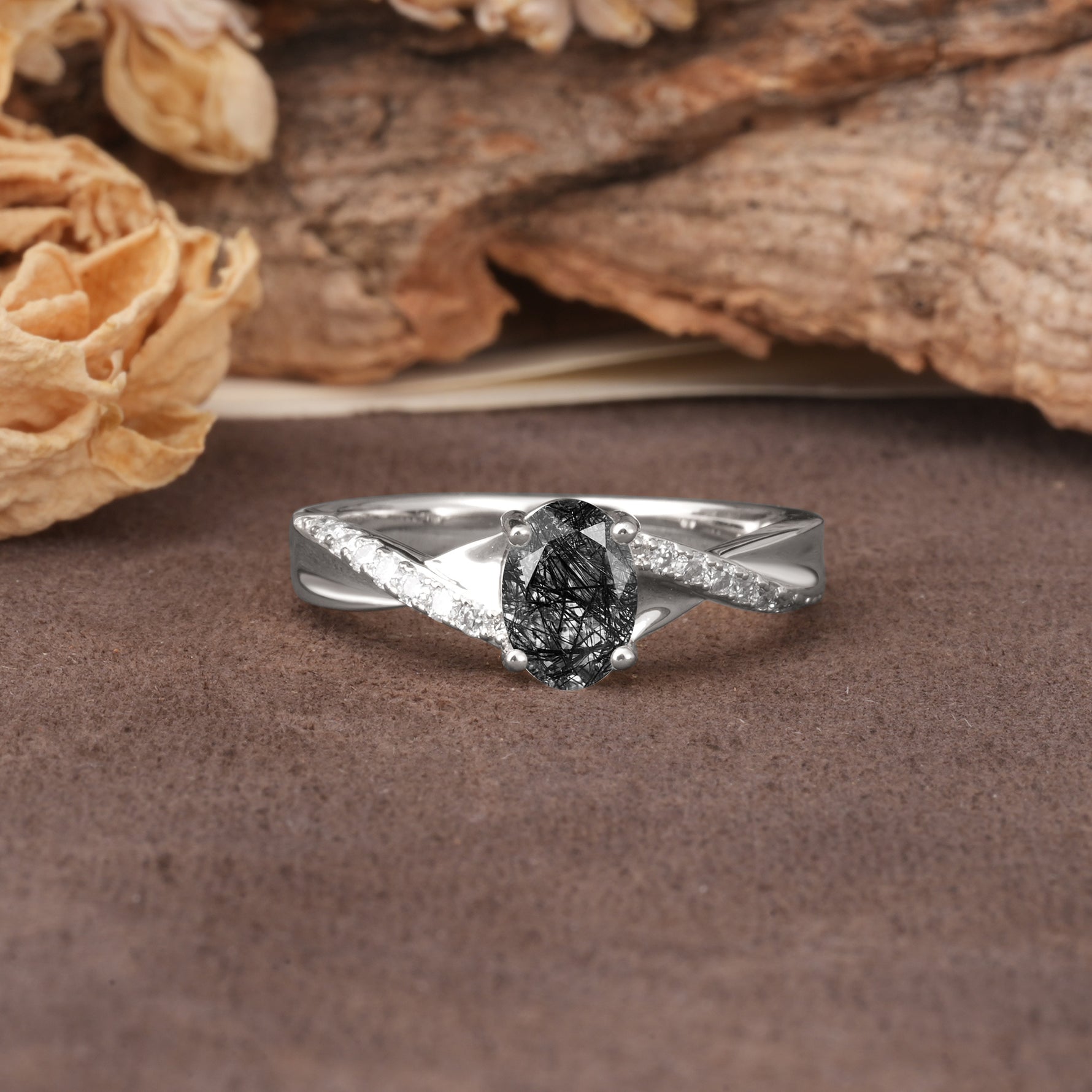 Unique, Luxurious Twisted 4-Prong Oval Cut Black Rutilated Quartz Engagement Ring - Additional view