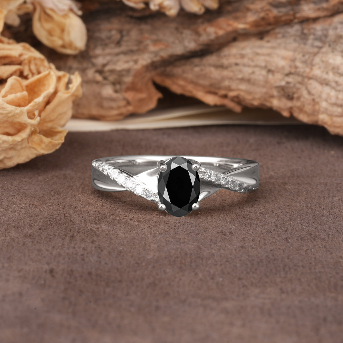 Unique, Luxurious Twisted 4-Prong Oval Cut Black Onyx Engagement Ring - Additional view