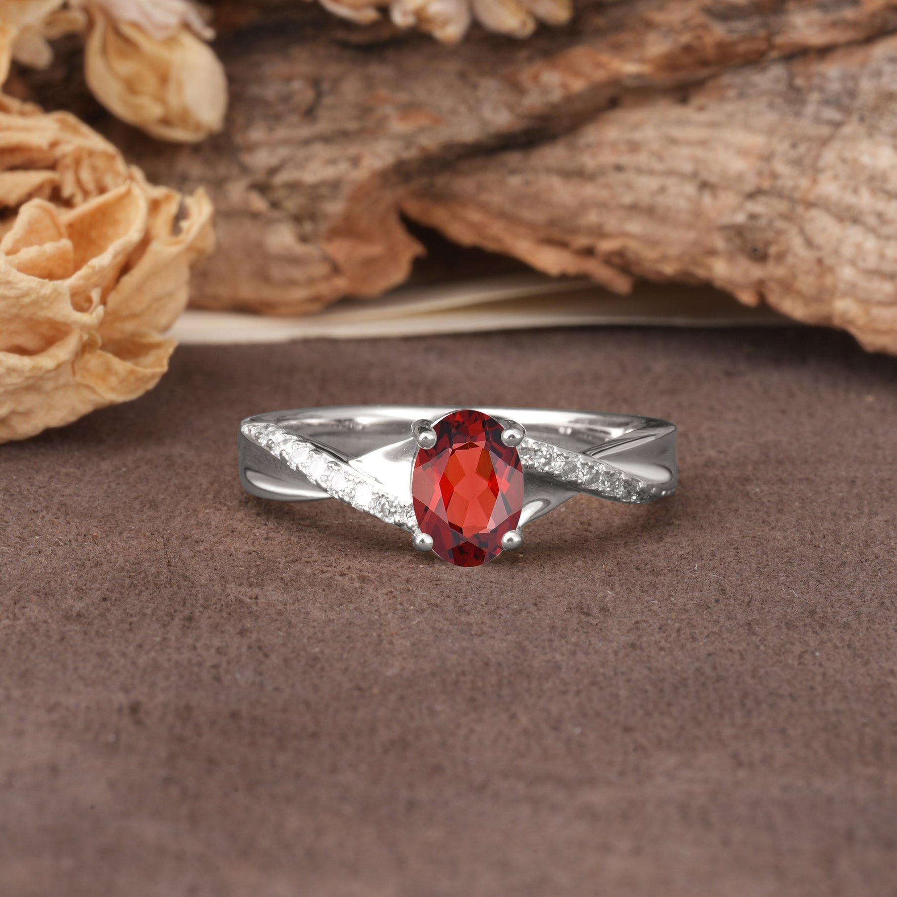 Unique, Luxurious Twisted 4-Prong Oval Cut Garnet Engagement Ring - Additional view