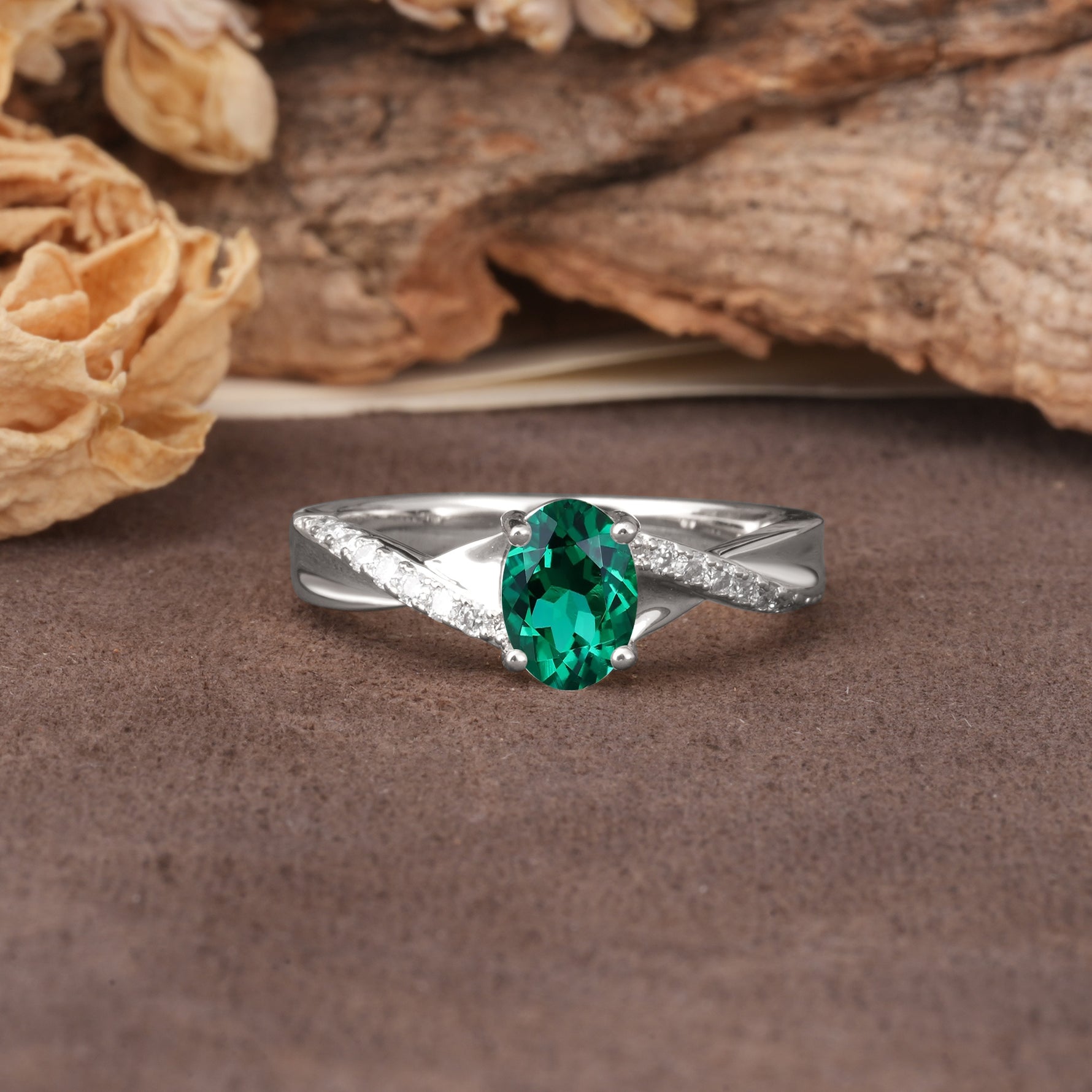 Unique, Luxurious Twisted 4-Prong Oval Cut Emerald Engagement Ring - Additional view