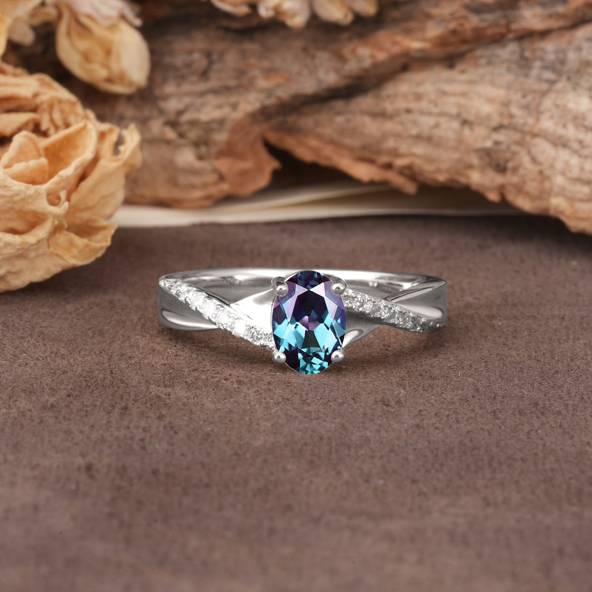 Unique, Luxurious Twisted 4-Prong Oval Cut Alexandrite Engagement Ring - Additional view