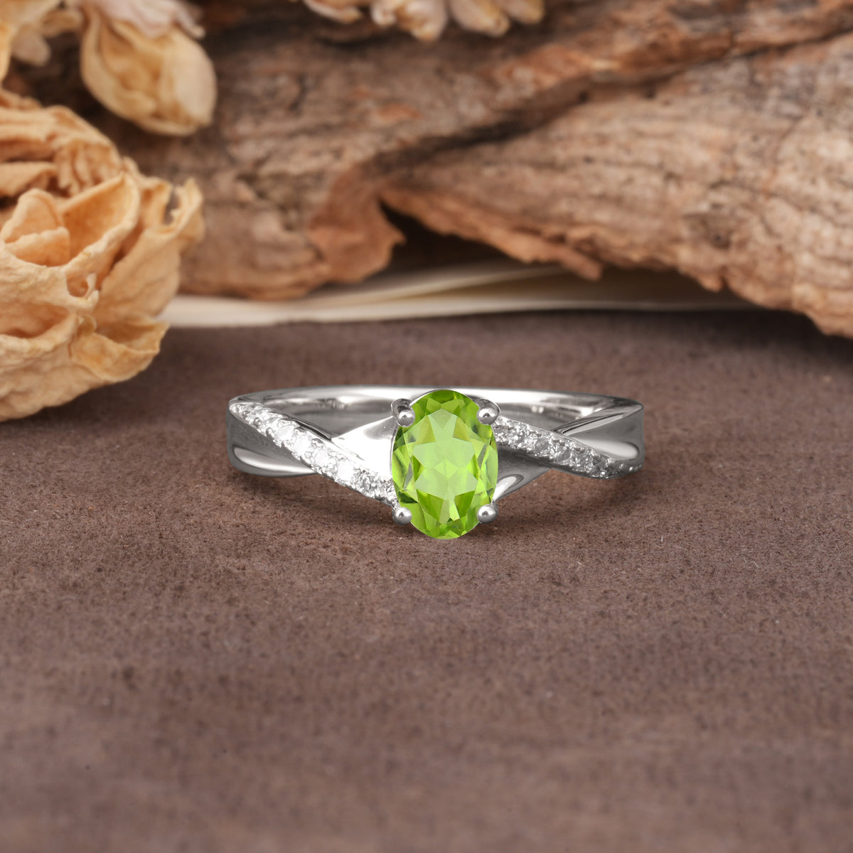 Unique, Luxurious Twisted 4-Prong Oval Cut Peridot Engagement Ring - Additional view