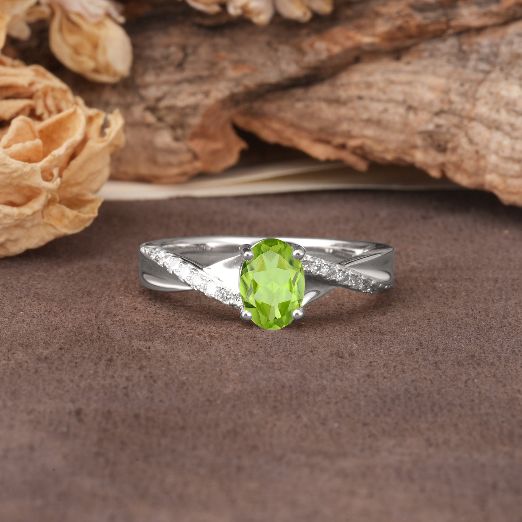Unique, Luxurious Twisted 4-Prong Oval Cut Peridot Engagement Ring - Additional view