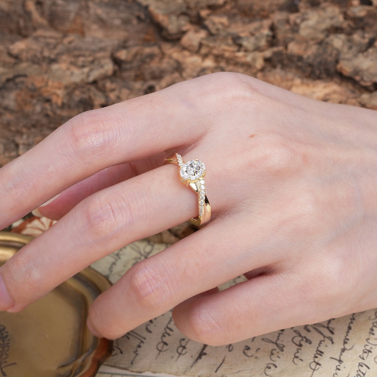 Unique, Luxurious Twisted 4-Prong Oval Cut Moissanite Engagement Ring - Additional view