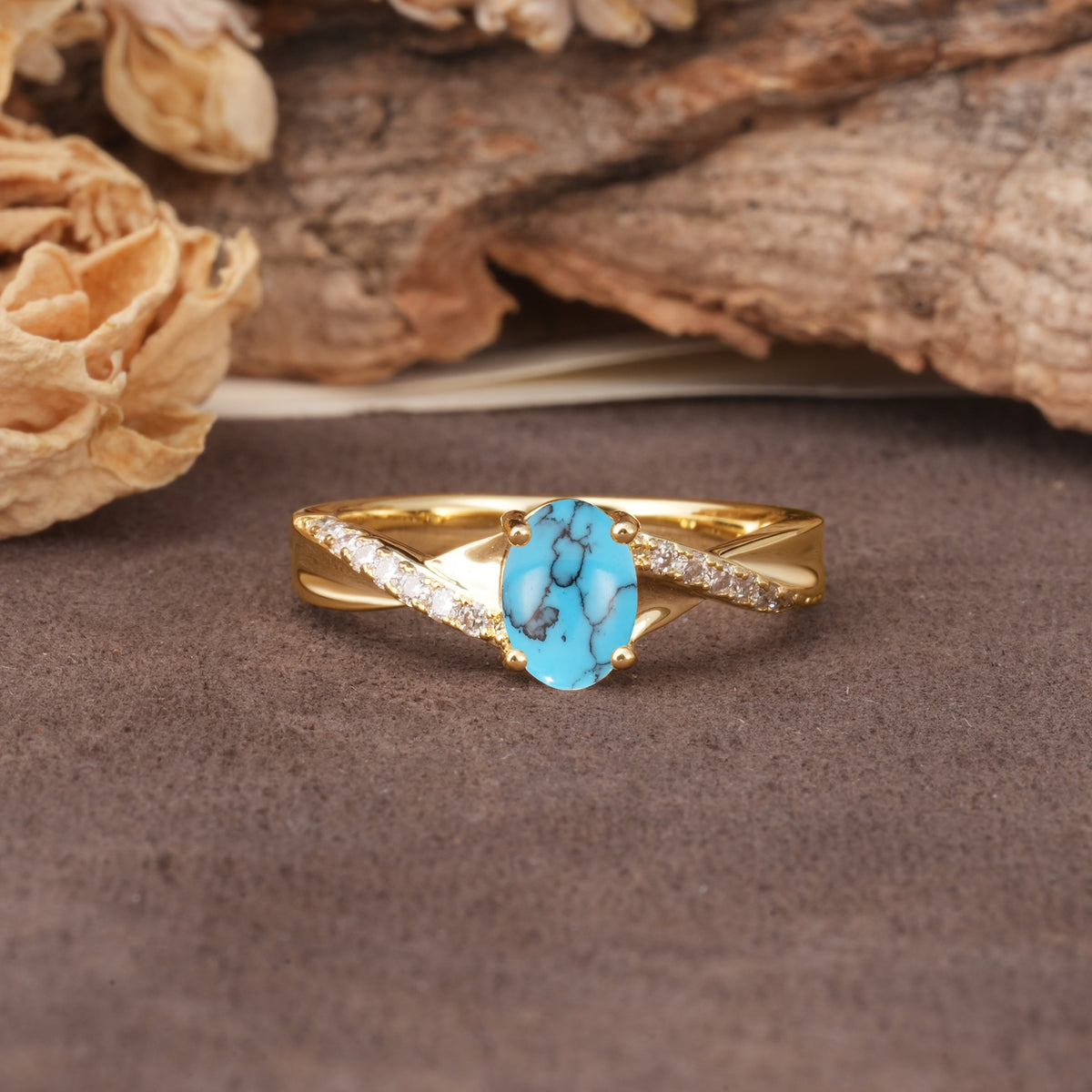 Unique, Luxurious Twisted 4-Prong Oval Cut Turquoise Engagement Ring - Additional view