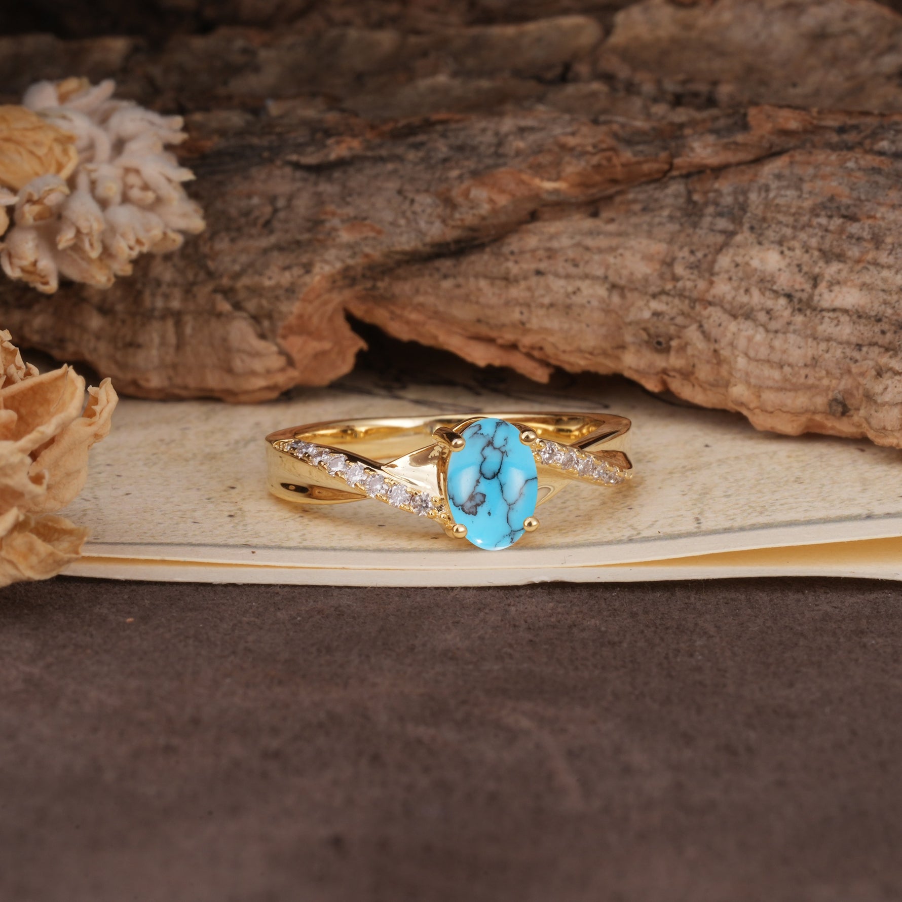 Unique, Luxurious Twisted 4-Prong Oval Cut Turquoise Engagement Ring - Additional view