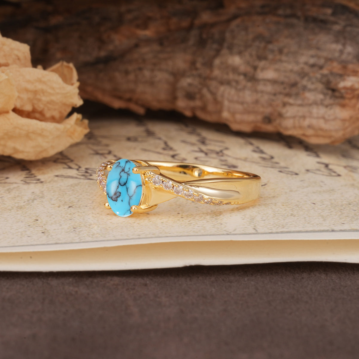 Unique, Luxurious Twisted 4-Prong Oval Cut Turquoise Engagement Ring - Additional view