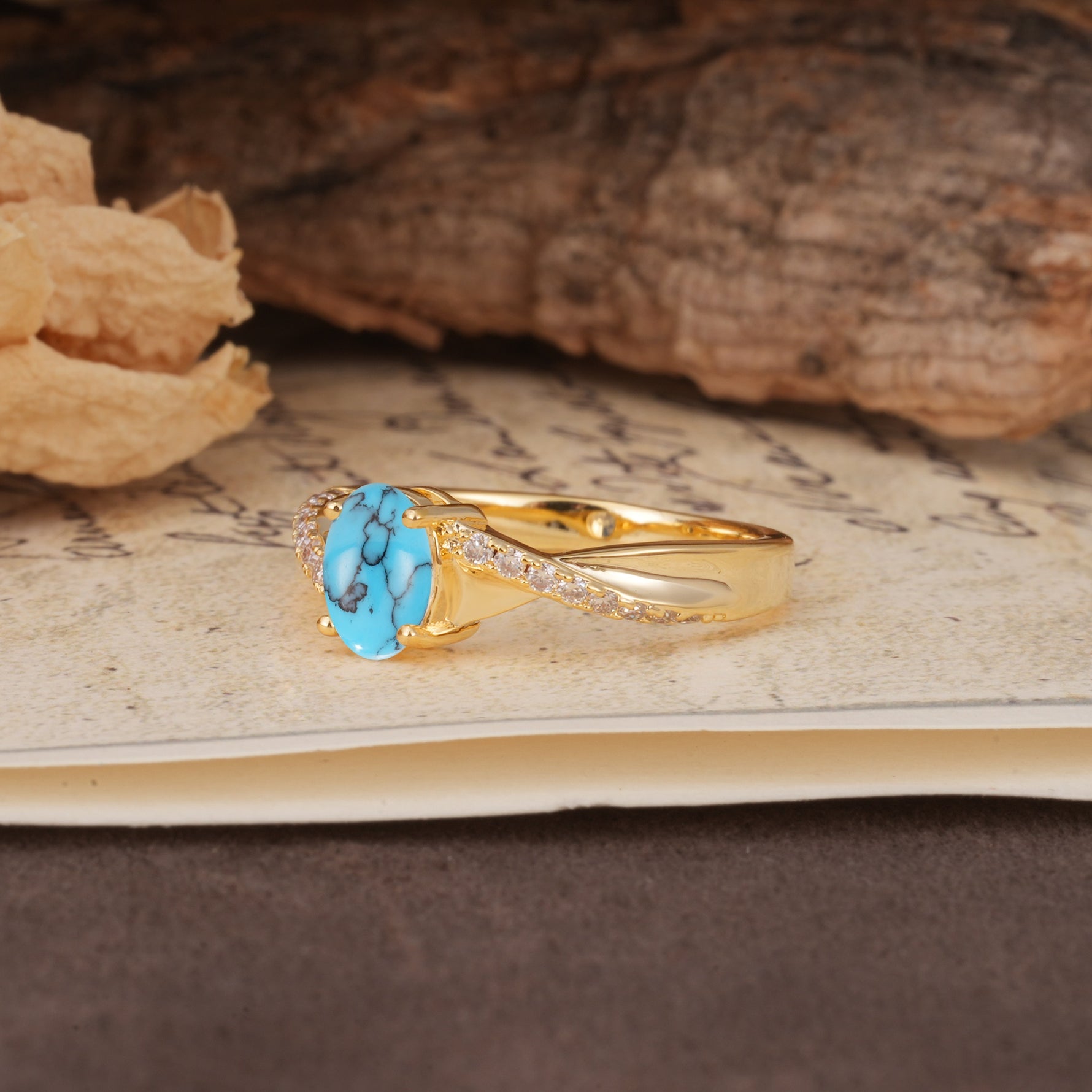Unique, Luxurious Twisted 4-Prong Oval Cut Turquoise Engagement Ring - Additional view