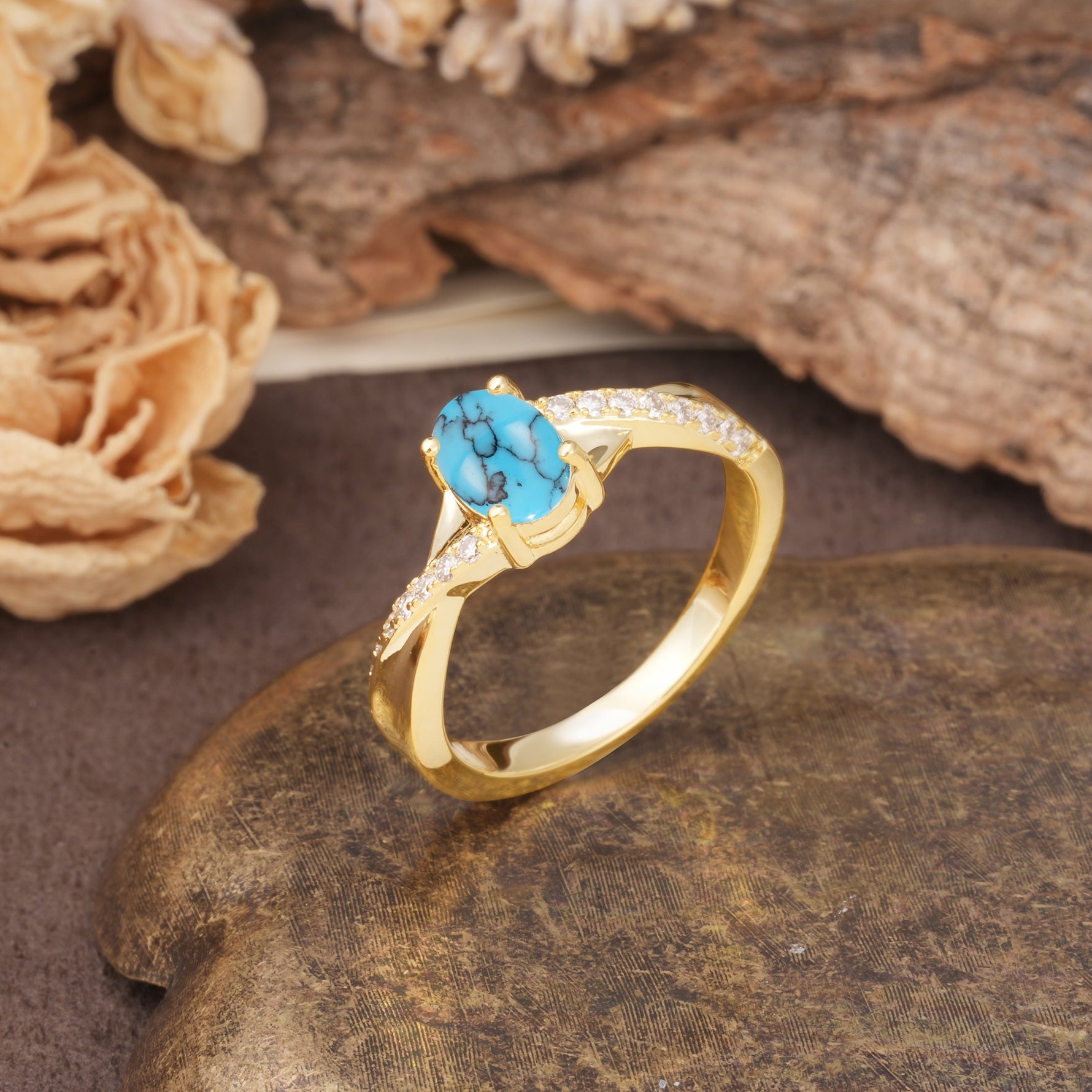 Unique, Luxurious Twisted 4-Prong Oval Cut Turquoise Engagement Ring - Additional view