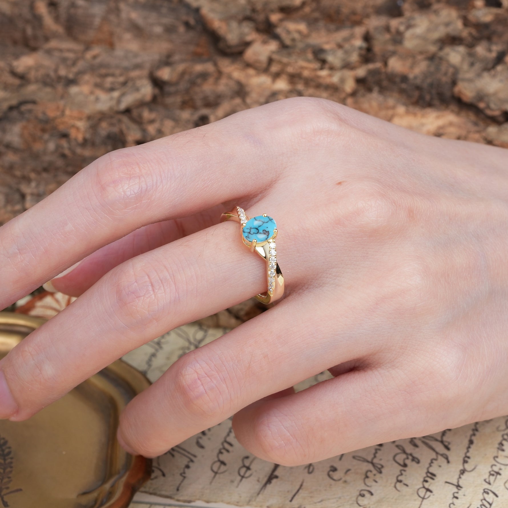 Unique, Luxurious Twisted 4-Prong Oval Cut Turquoise Engagement Ring - Additional view