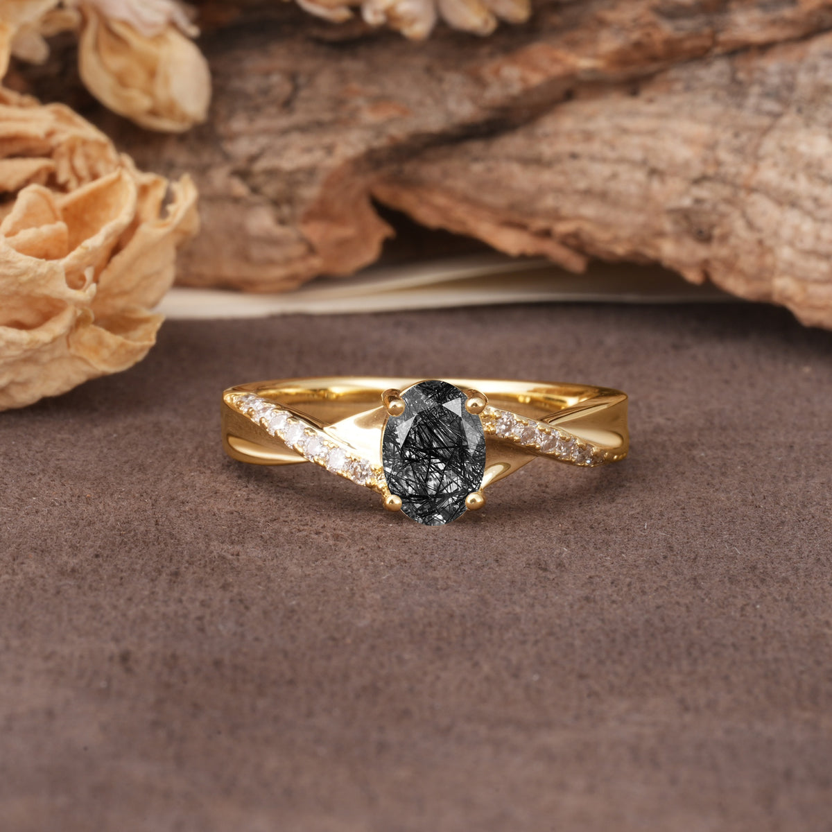 Unique, Luxurious Twisted 4-Prong Oval Cut Black Rutilated Quartz Engagement Ring - Additional view