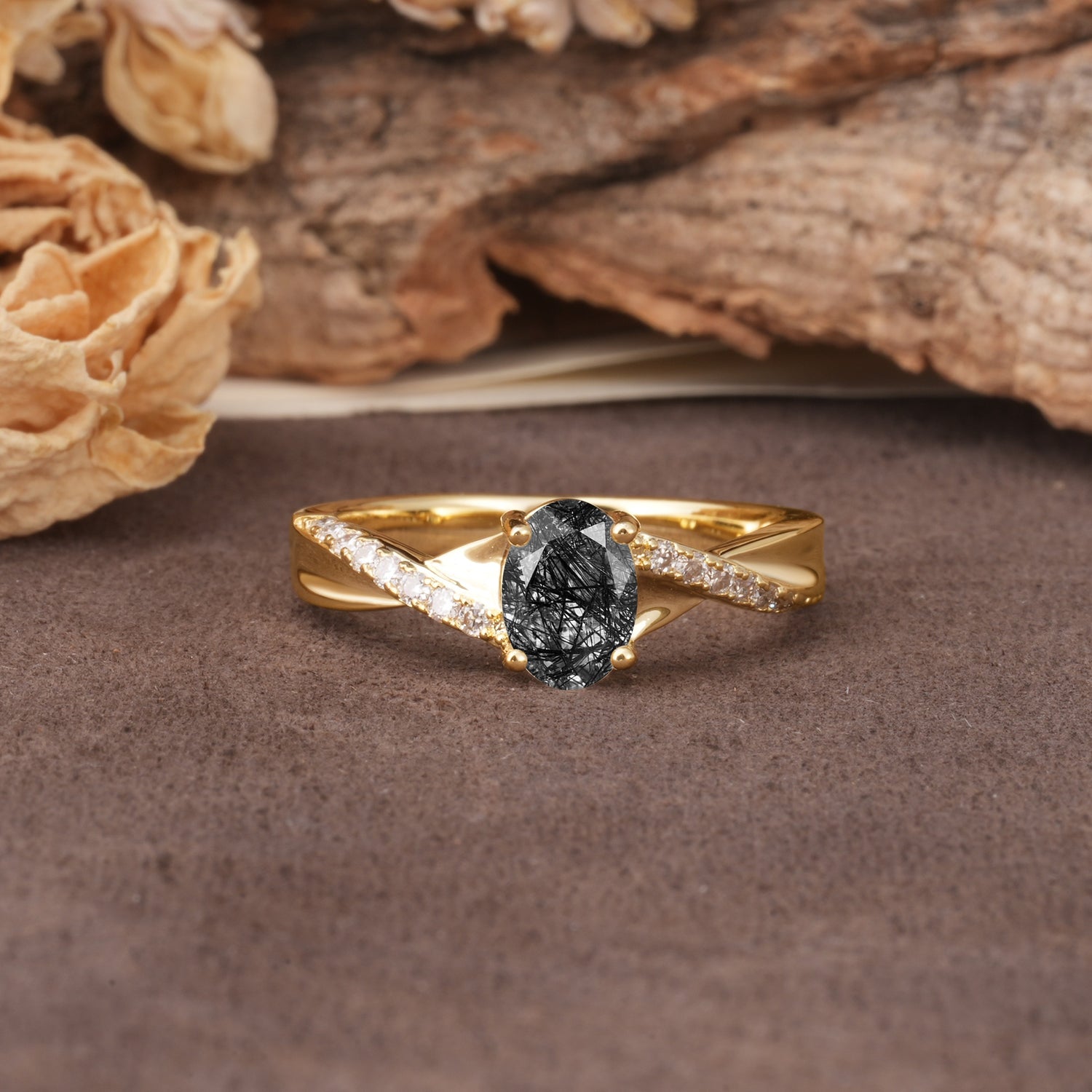Unique, Luxurious Twisted 4-Prong Oval Cut Black Rutilated Quartz Engagement Ring - Additional view