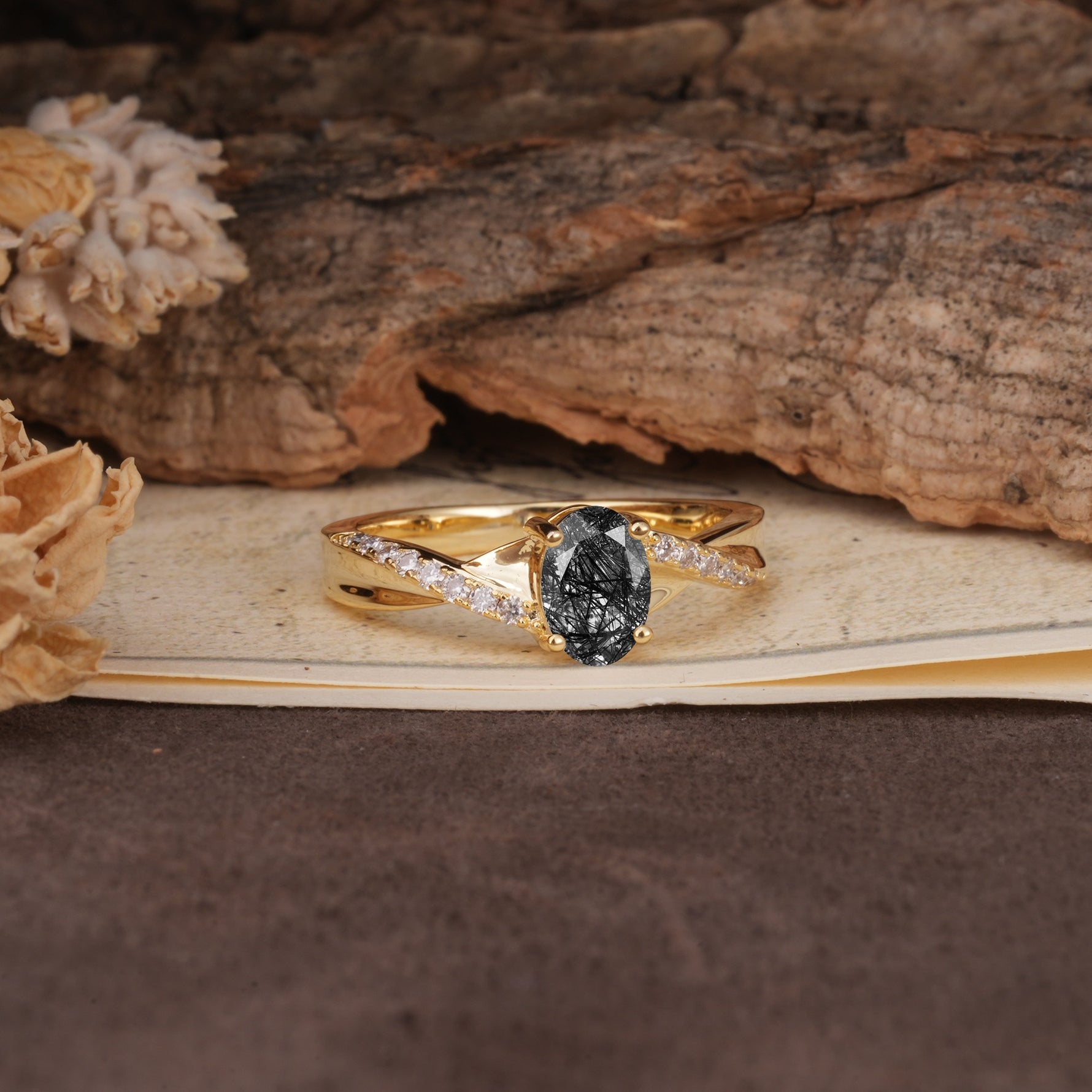 Unique, Luxurious Twisted 4-Prong Oval Cut Black Rutilated Quartz Engagement Ring - Additional view