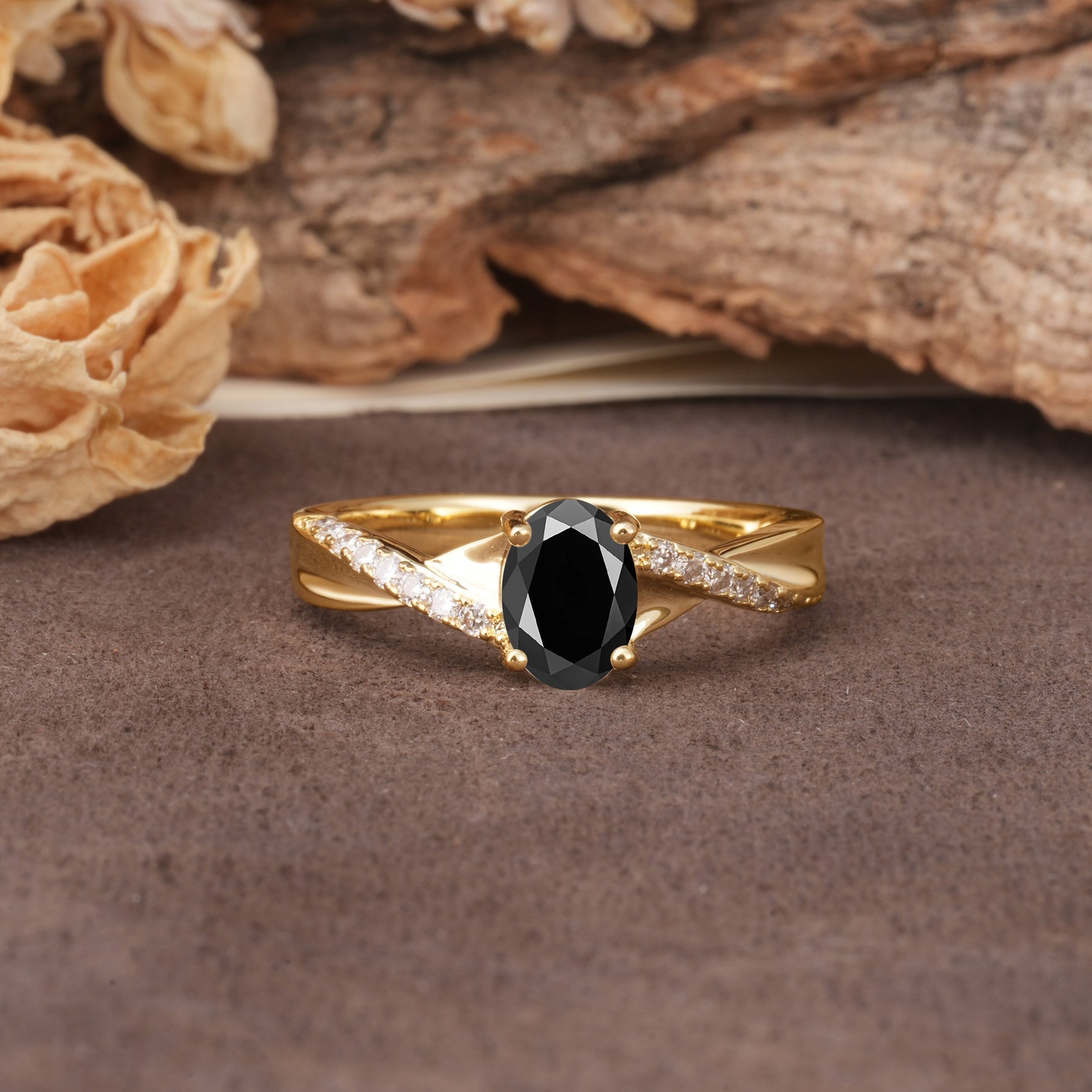 Unique, Luxurious Twisted 4-Prong Oval Cut Black Onyx Engagement Ring - Additional view