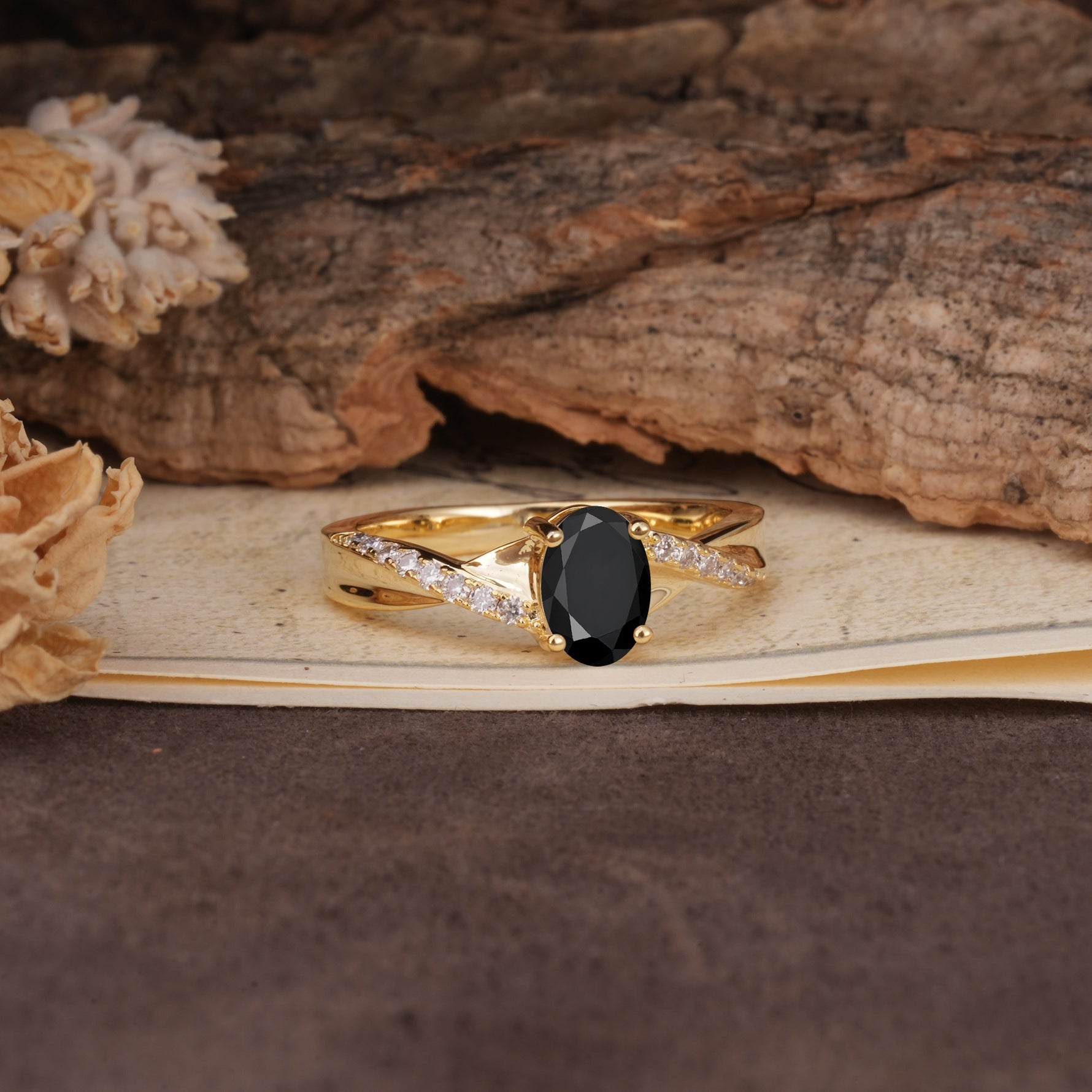 Unique, Luxurious Twisted 4-Prong Oval Cut Black Onyx Engagement Ring - Additional view