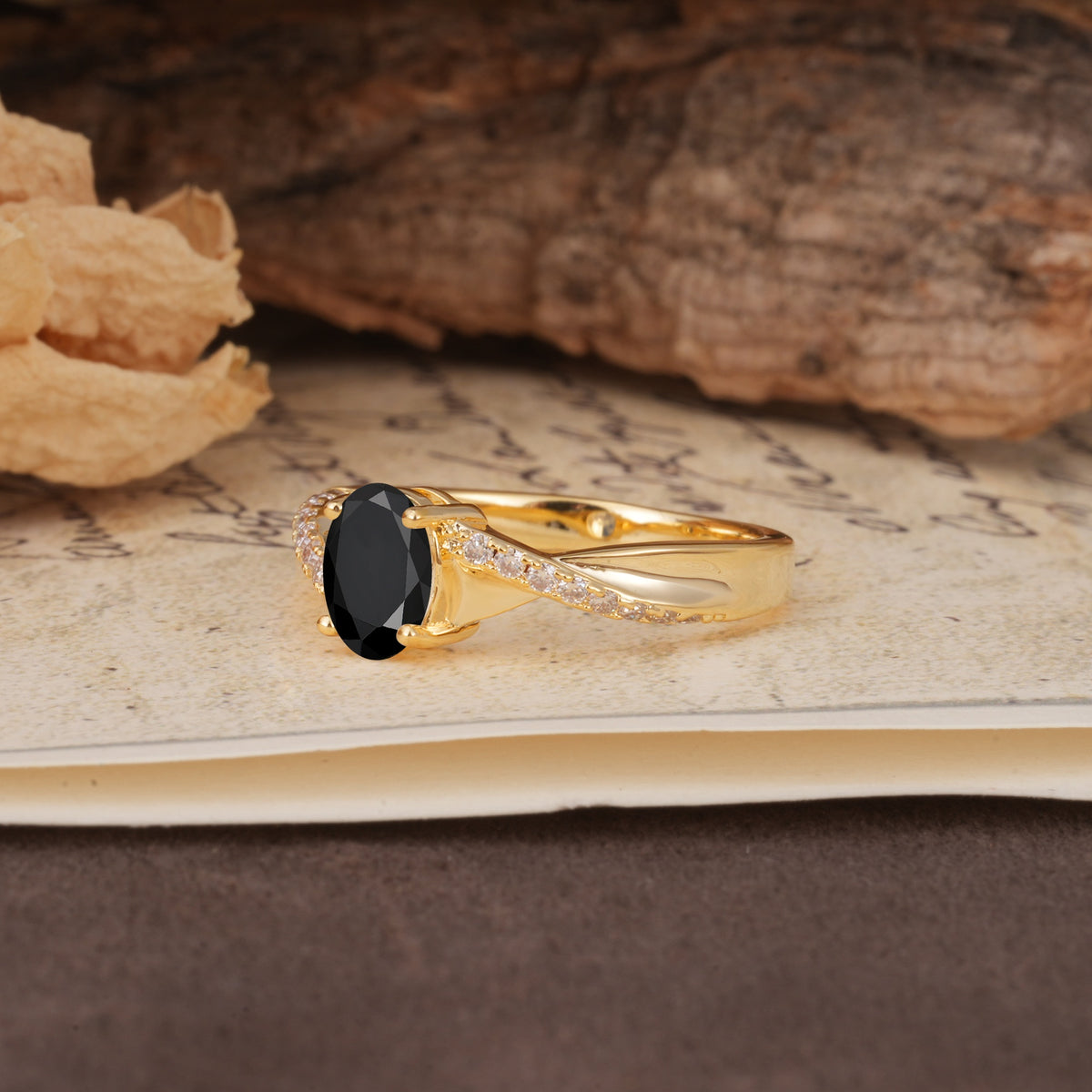Unique, Luxurious Twisted 4-Prong Oval Cut Black Onyx Engagement Ring - Additional view