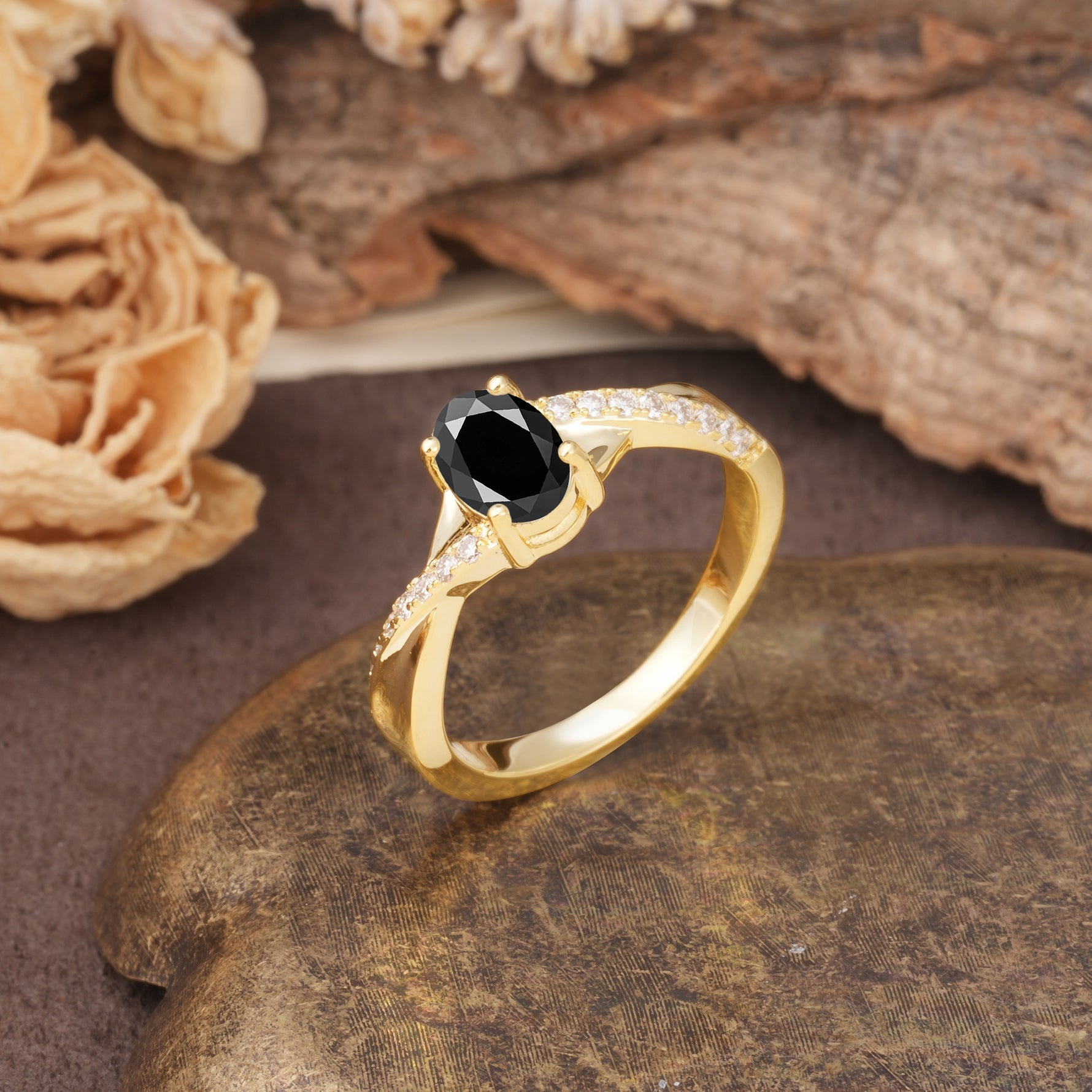 Unique, Luxurious Twisted 4-Prong Oval Cut Black Onyx Engagement Ring - Additional view