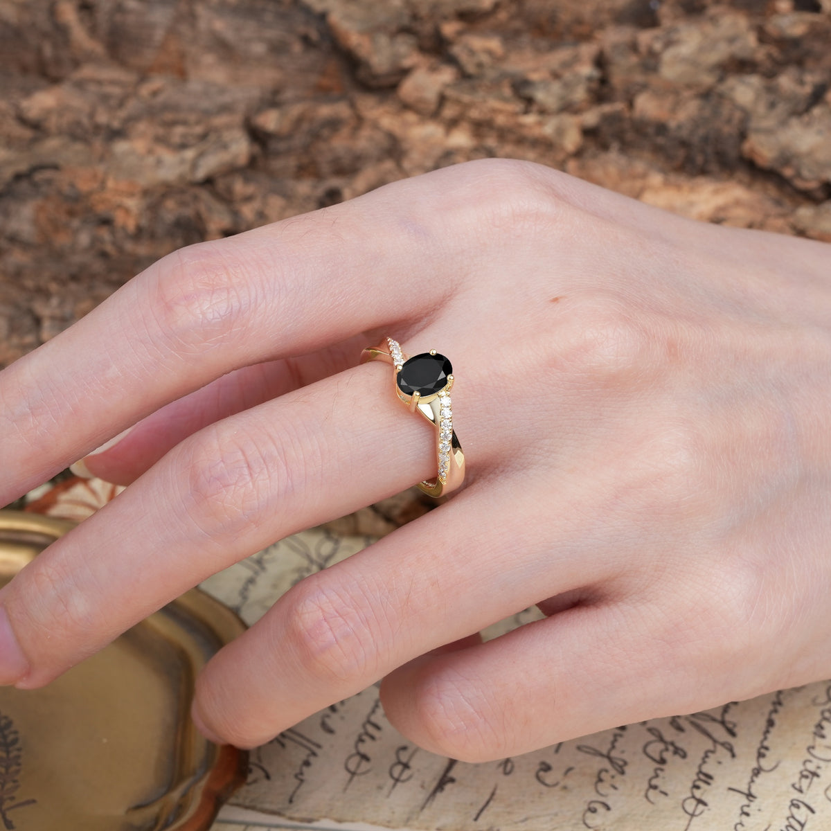 Unique, Luxurious Twisted 4-Prong Oval Cut Black Onyx Engagement Ring - Additional view