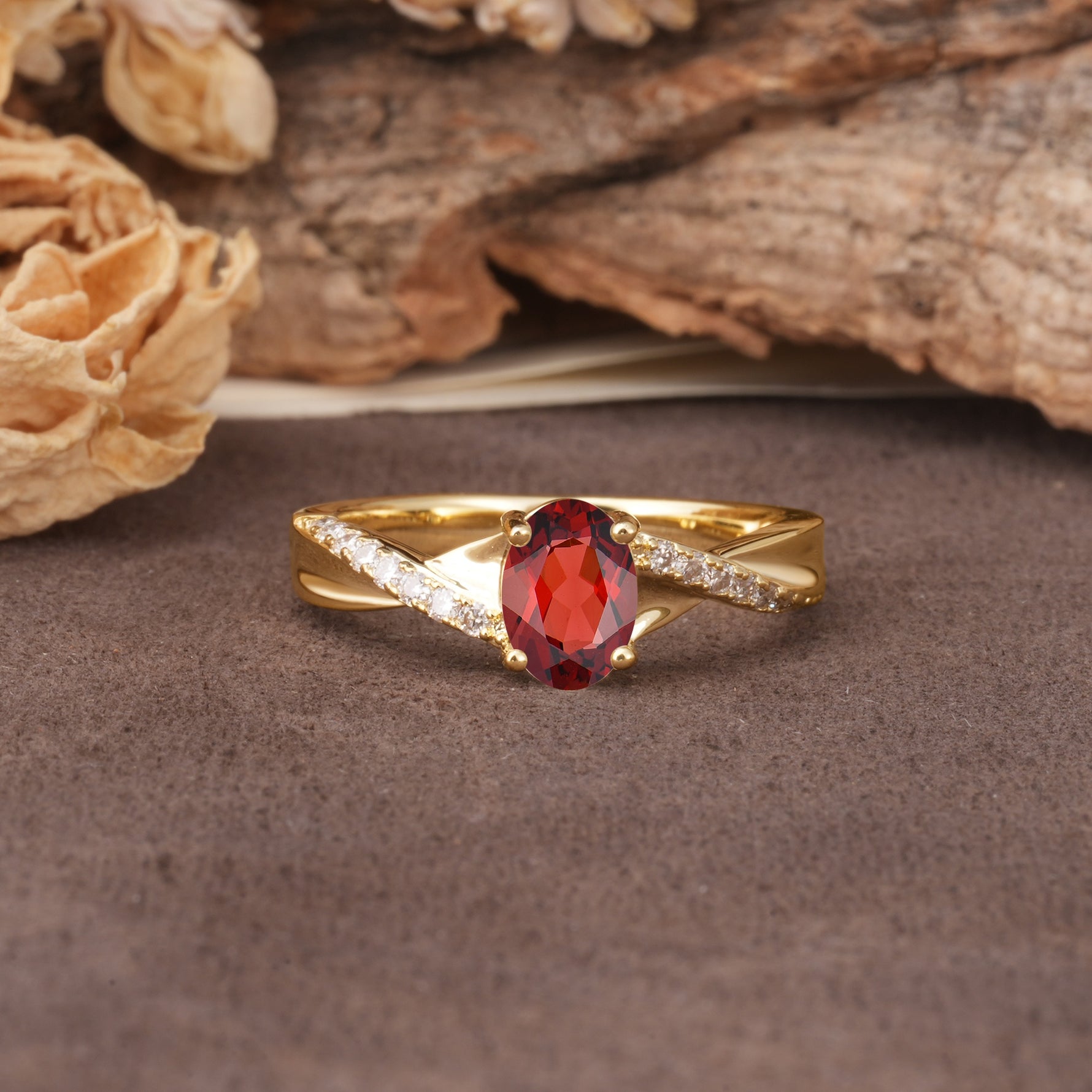 Unique, Luxurious Twisted 4-Prong Oval Cut Garnet Engagement Ring - Additional view