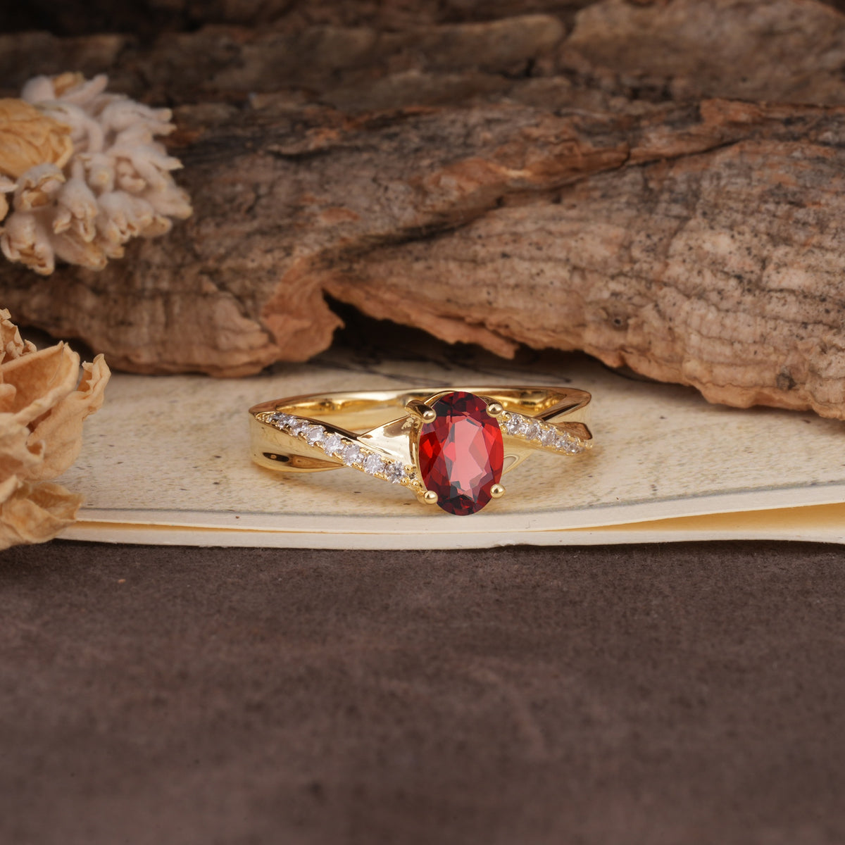 Unique, Luxurious Twisted 4-Prong Oval Cut Garnet Engagement Ring - Additional view