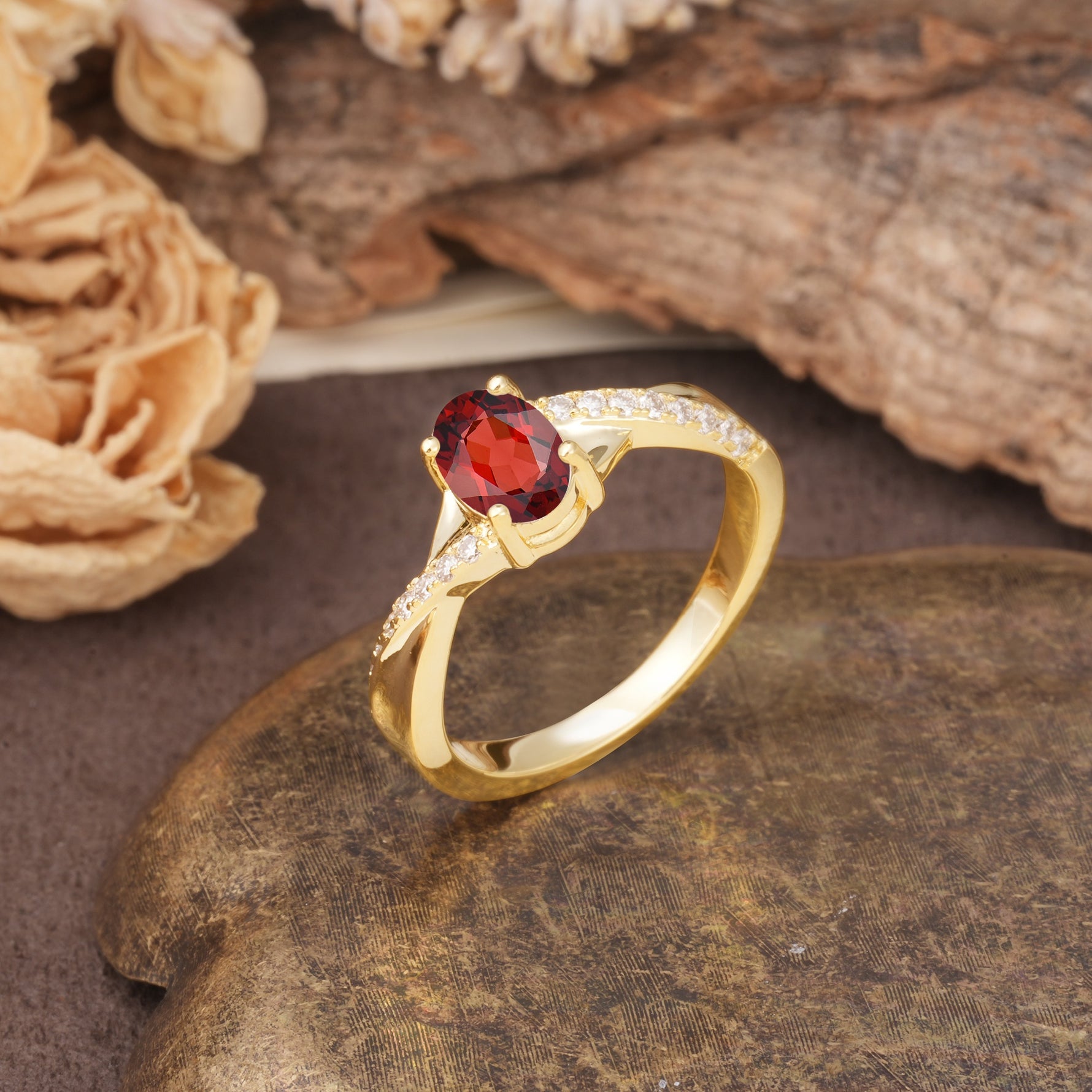 Unique, Luxurious Twisted 4-Prong Oval Cut Garnet Engagement Ring - Additional view